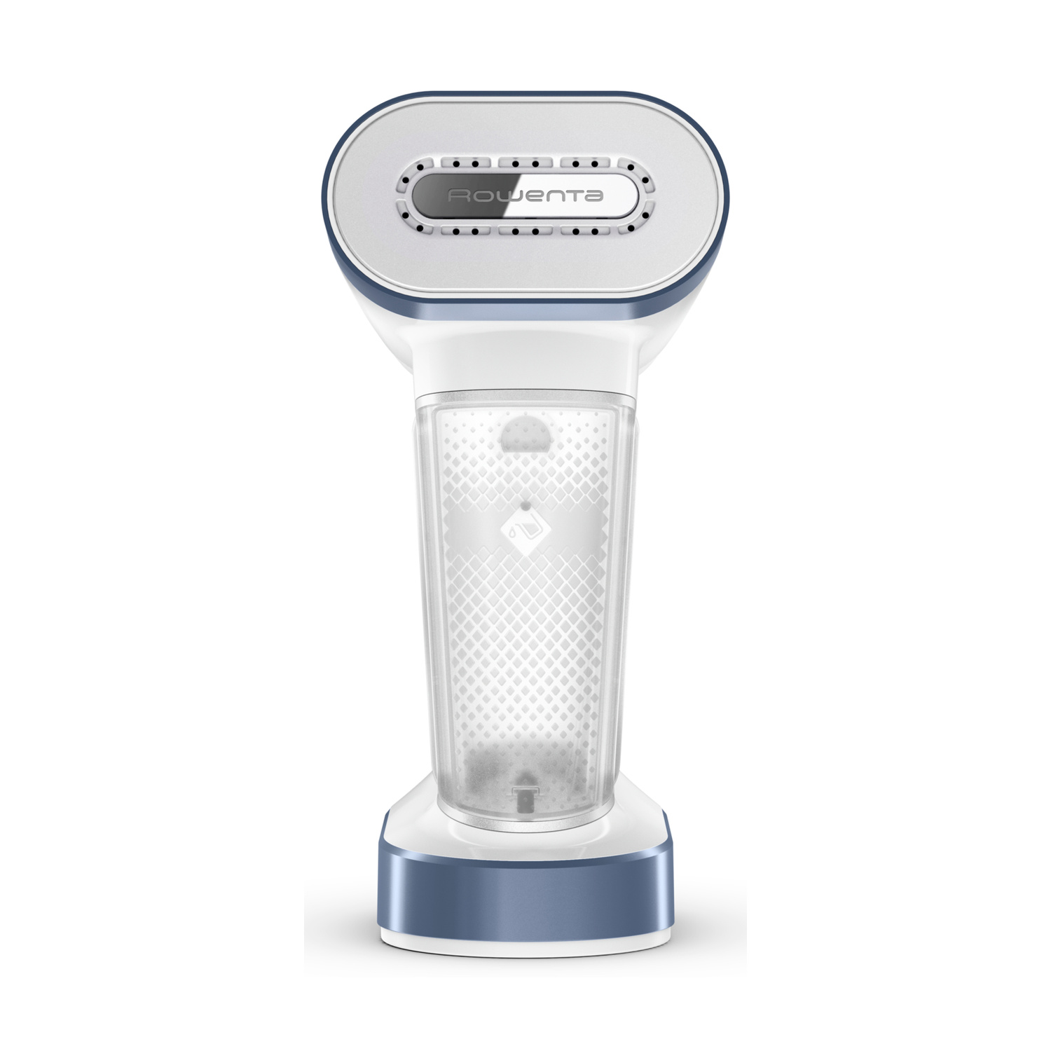 Un vaporizzatore Rowenta bianco e blu con serbatoio dell'acqua trasparente.