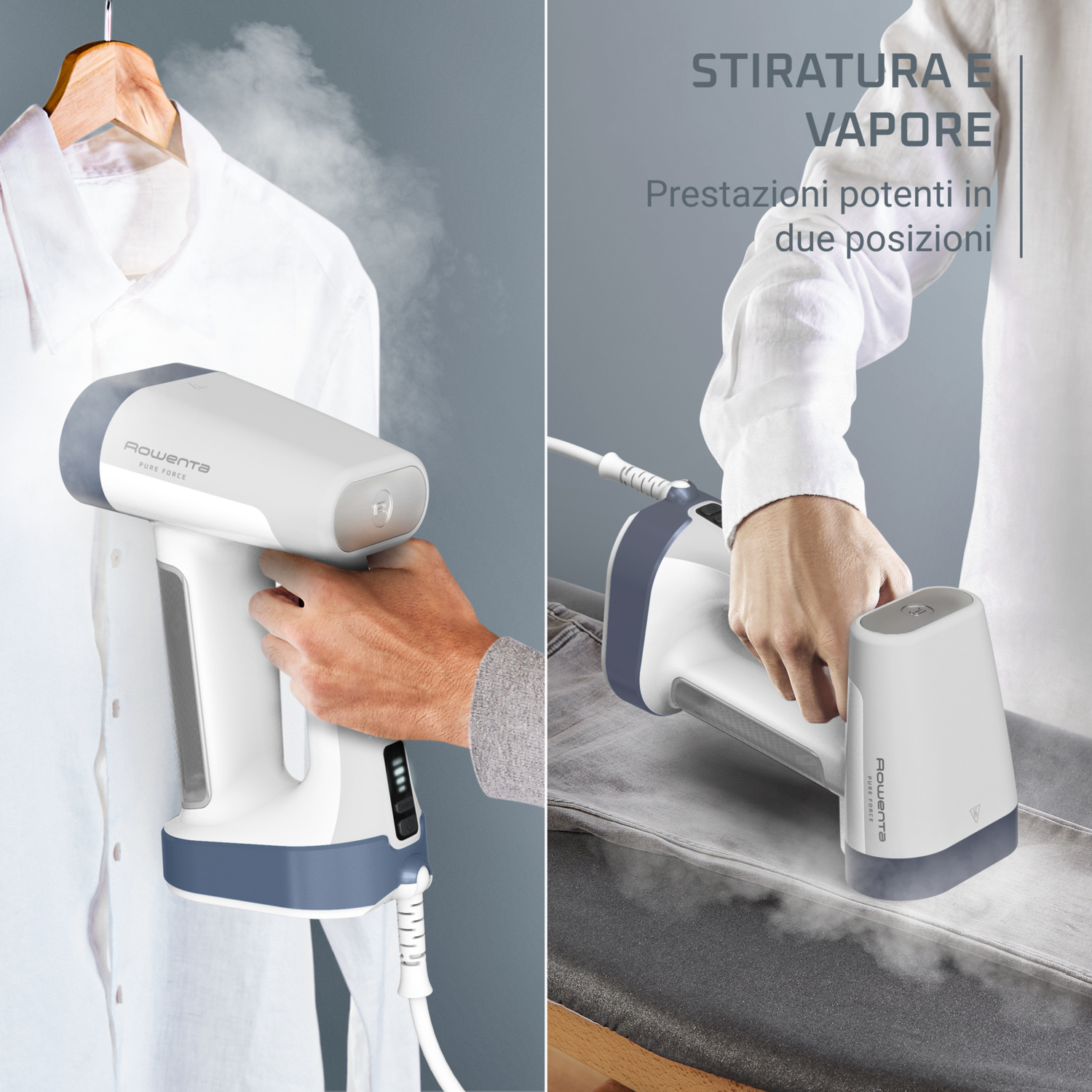 Un vaporizzatore per abiti stira una camicia bianca e un jeans grigio.