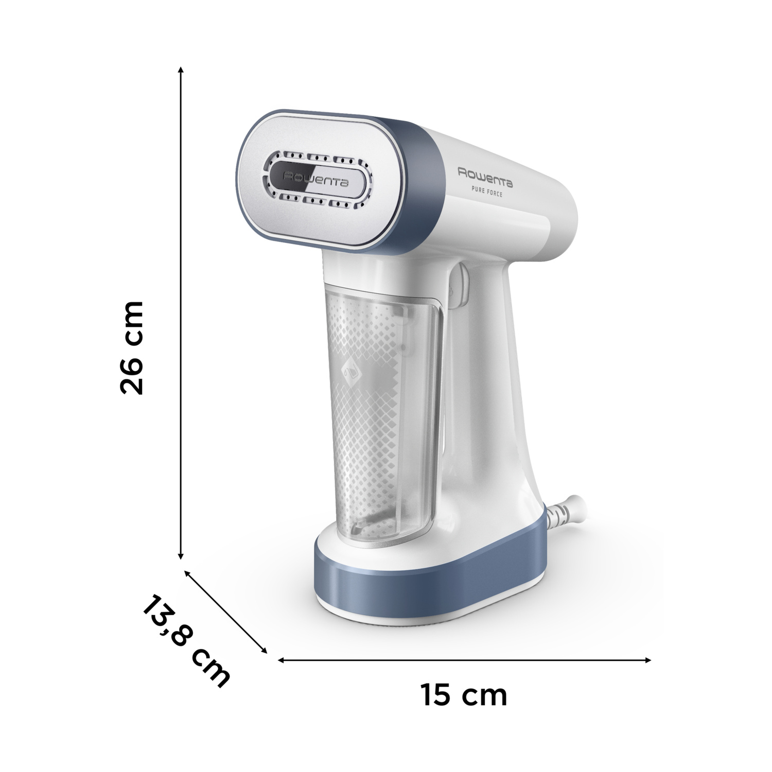 Un vaporizzatore portatile bianco e blu, misura 26 cm di altezza, 13,8 cm di profondità e 15 cm di larghezza.