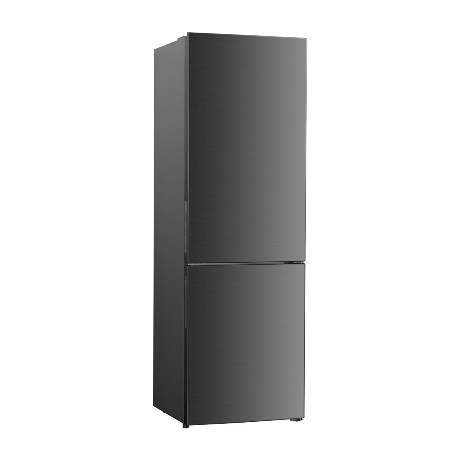 Un frigorifero elegante, grigio scuro, a due porte, si erge su sfondo bianco.