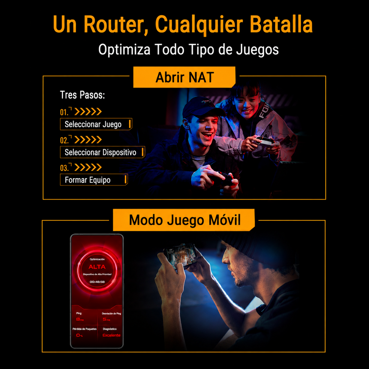 Un router que optimiza todos los juegos. Dos escenas: gamers y un móvil con datos de optimización.