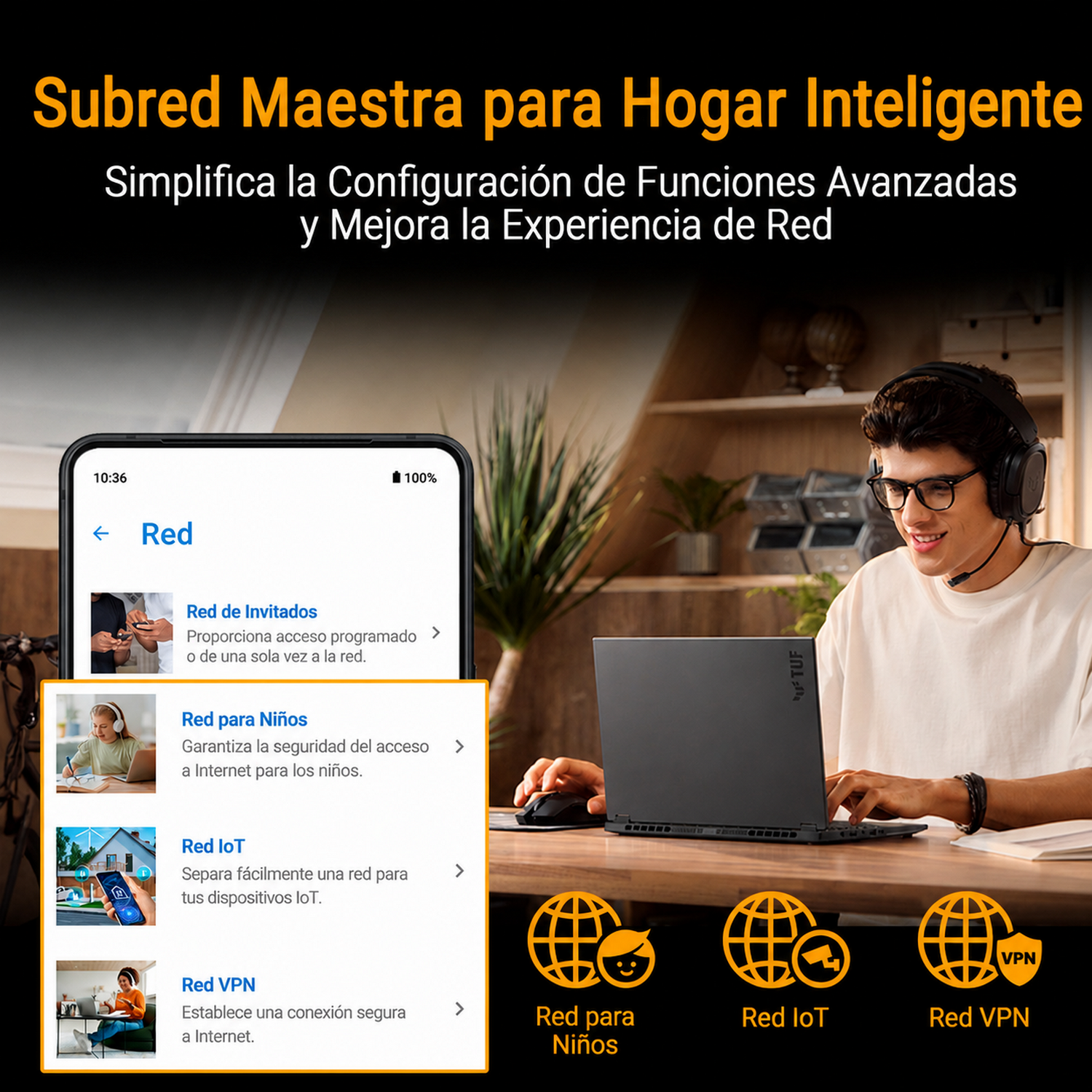 Imagen muestra una app con opciones de red y un hombre usando laptop.