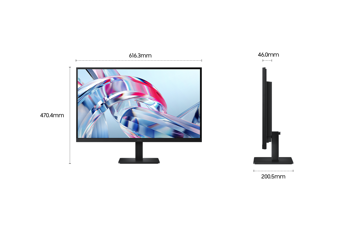 Un monitor nero con uno sfondo astratto colorato. Vengono mostrate le dimensioni.