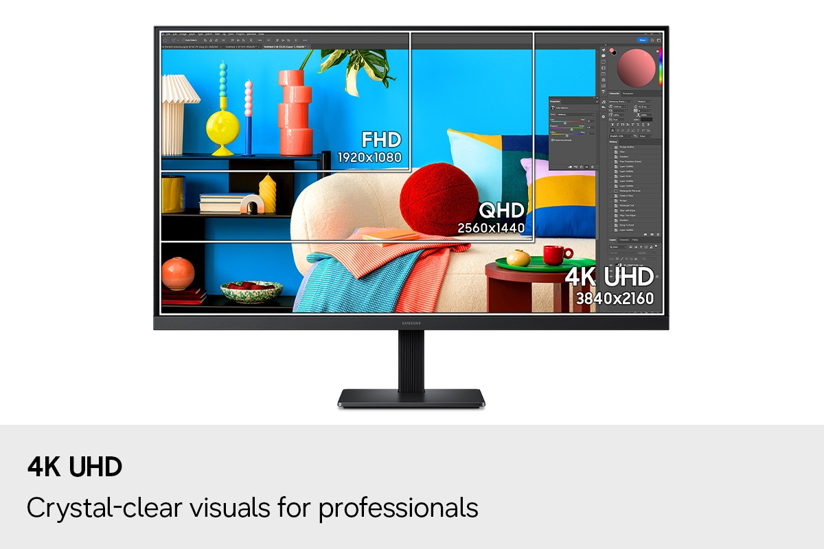 Un monitor Samsung mostra diverse risoluzioni: FHD, QHD e 4K UHD.