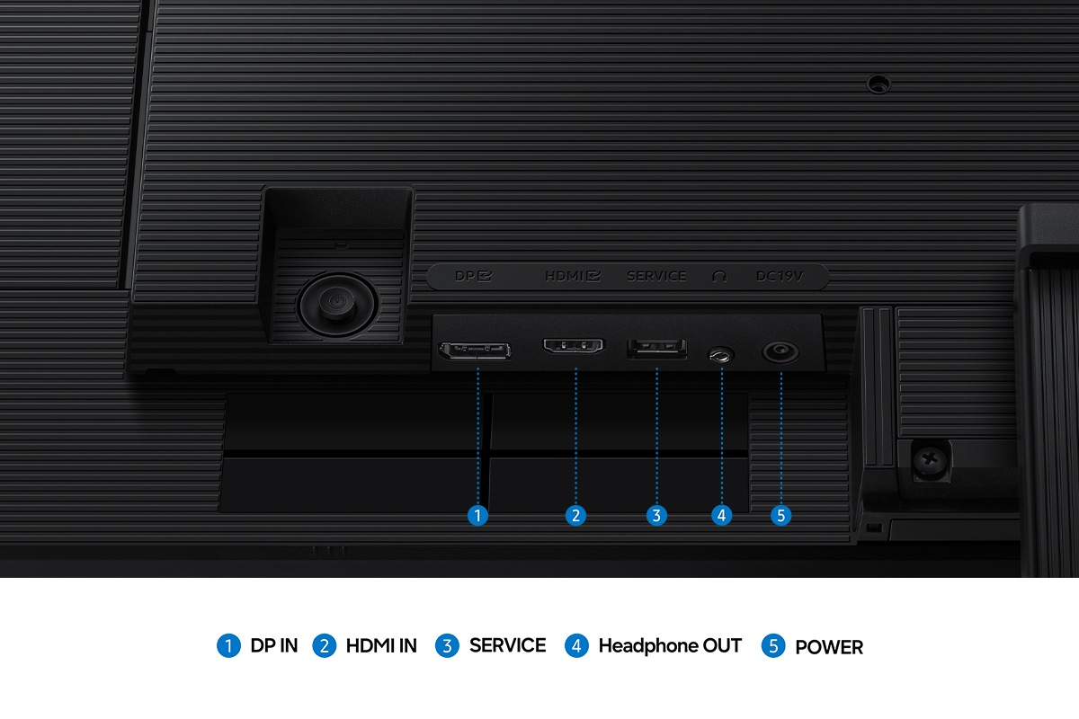 Pannello di connessione con DP IN, HDMI IN, SERVICE, uscita cuffie e alimentazione.