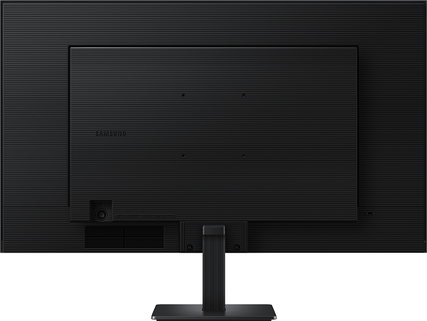 Retro di un monitor Samsung nero con porte e supporto.