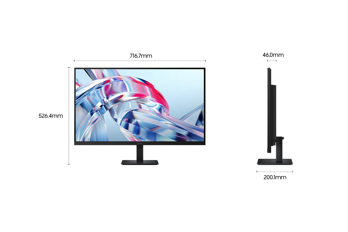 Un monitor nero con uno sfondo astratto colorato. Vista laterale con dimensioni.