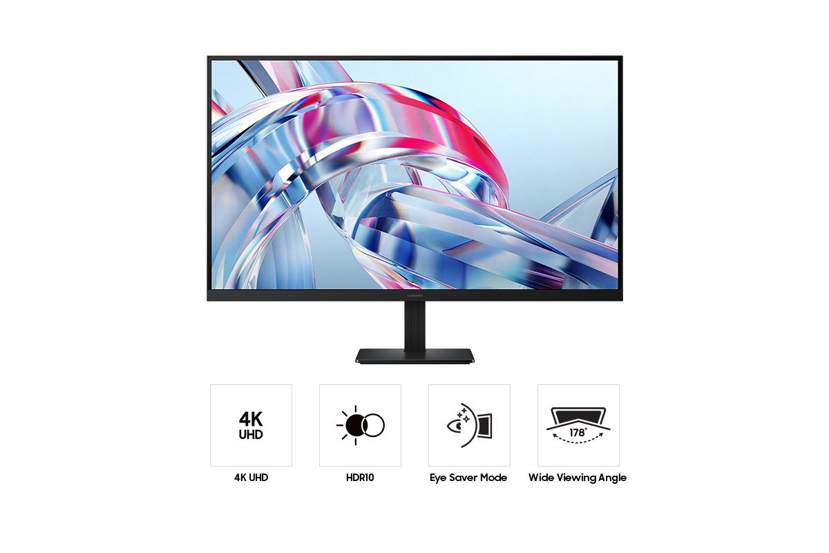 Un monitor 4K UHD con arte astratta, HDR10 e icone di ampio angolo di visione.