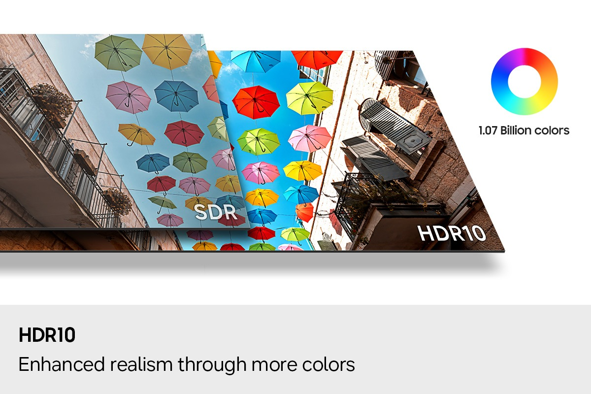 La tecnologia HDR10 visualizza 1,07 miliardi di colori, con ombrelli colorati.