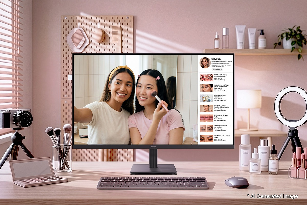 Due donne si filmano mentre si truccano davanti a un monitor con tutorial di trucco.