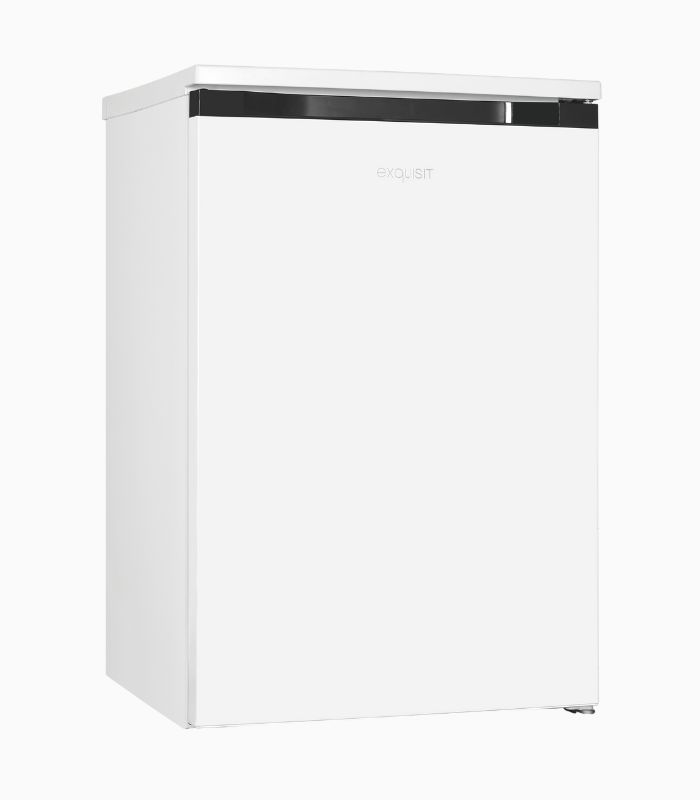 Ein weißer, kleiner Kühlschrank mit schwarzem Streifen oben.