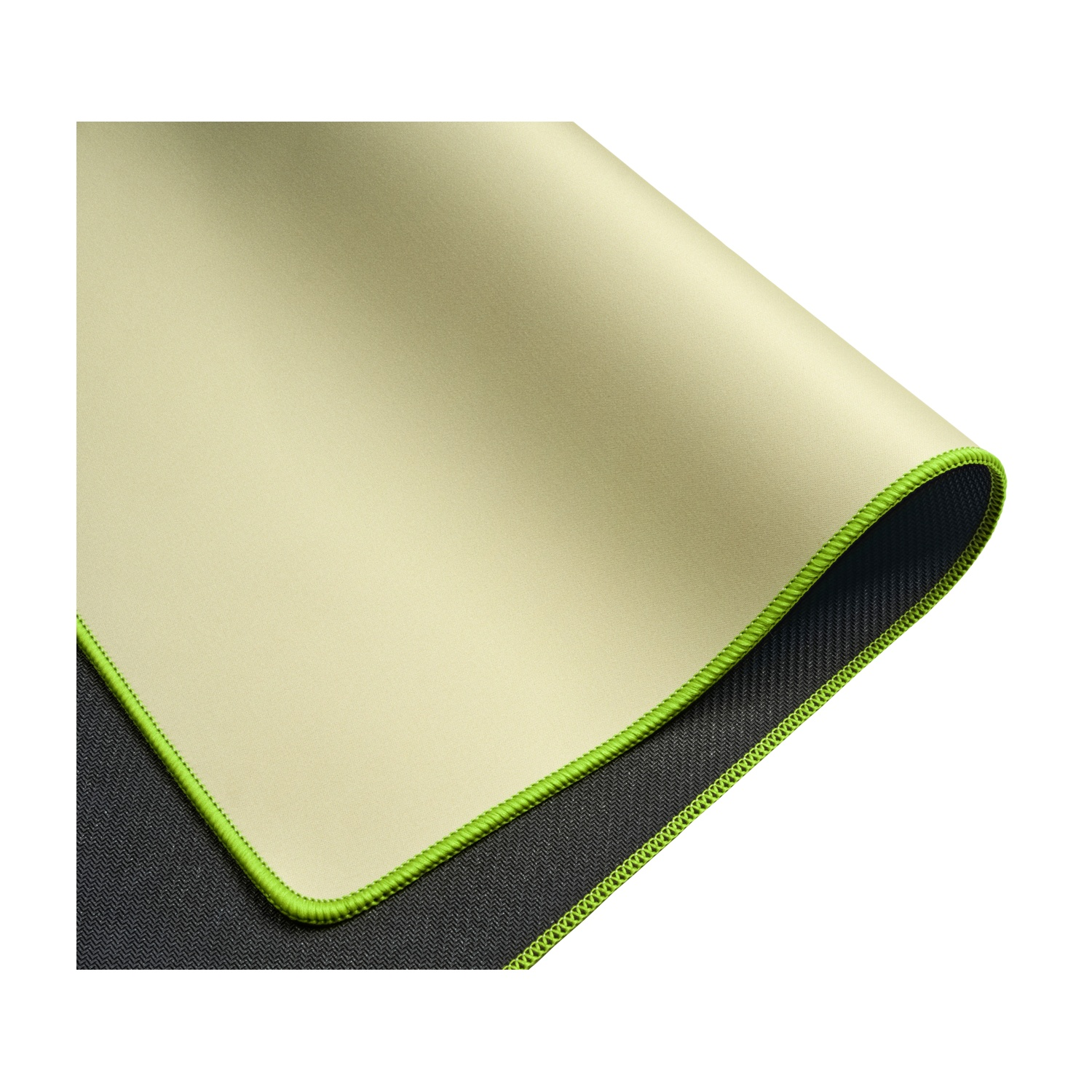Superficie in tessuto beige con cuciture verdi, su gomma nera.
