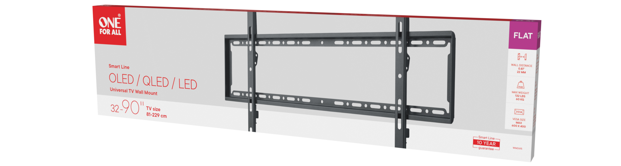 Verpackung für eine flache, universelle TV-Wandhalterung für 32-90 Zoll TVs. Unterstützt OLED, QLED, LED.