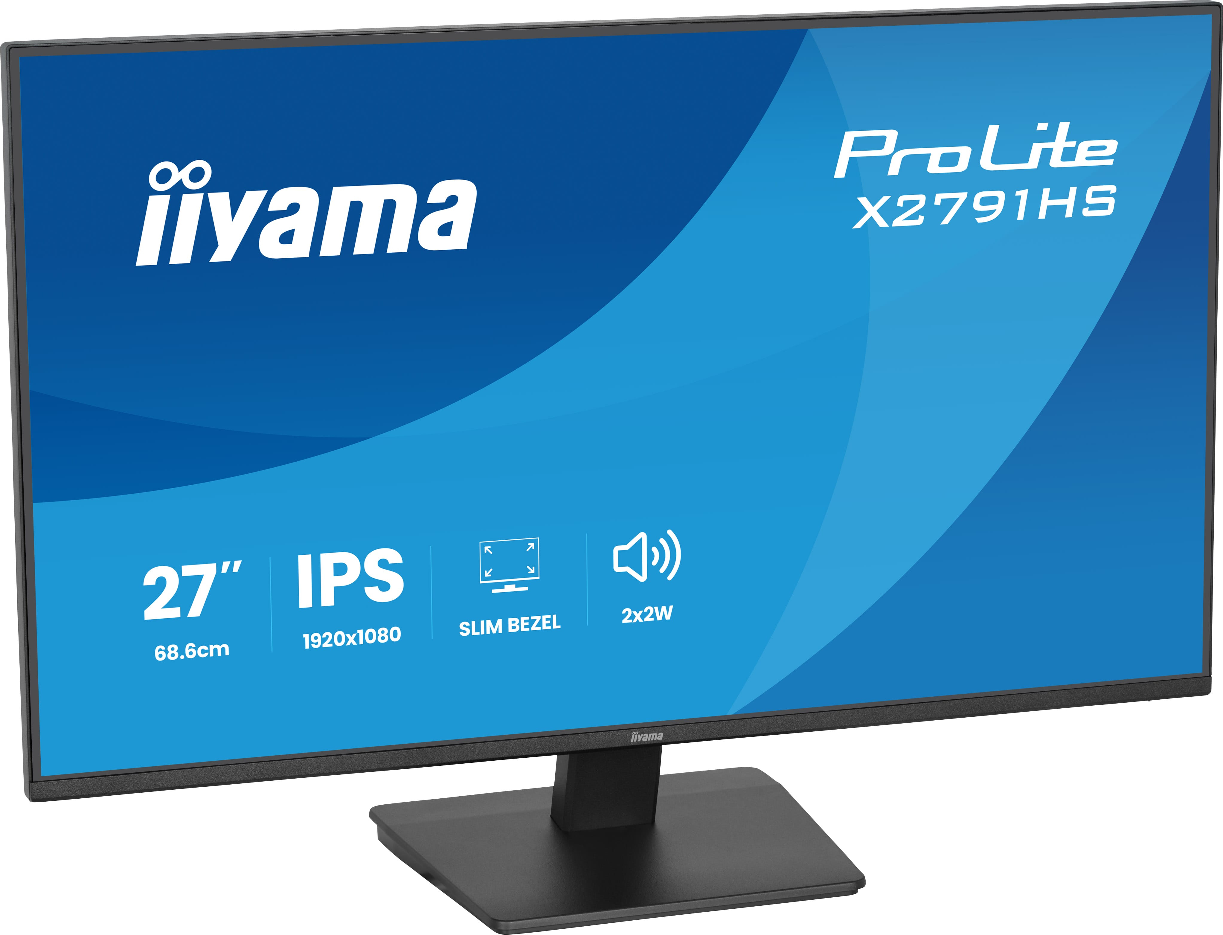 Czarny monitor iiyama ProLite X2791HS z niebieskim ekranem i specyfikacją produktu.