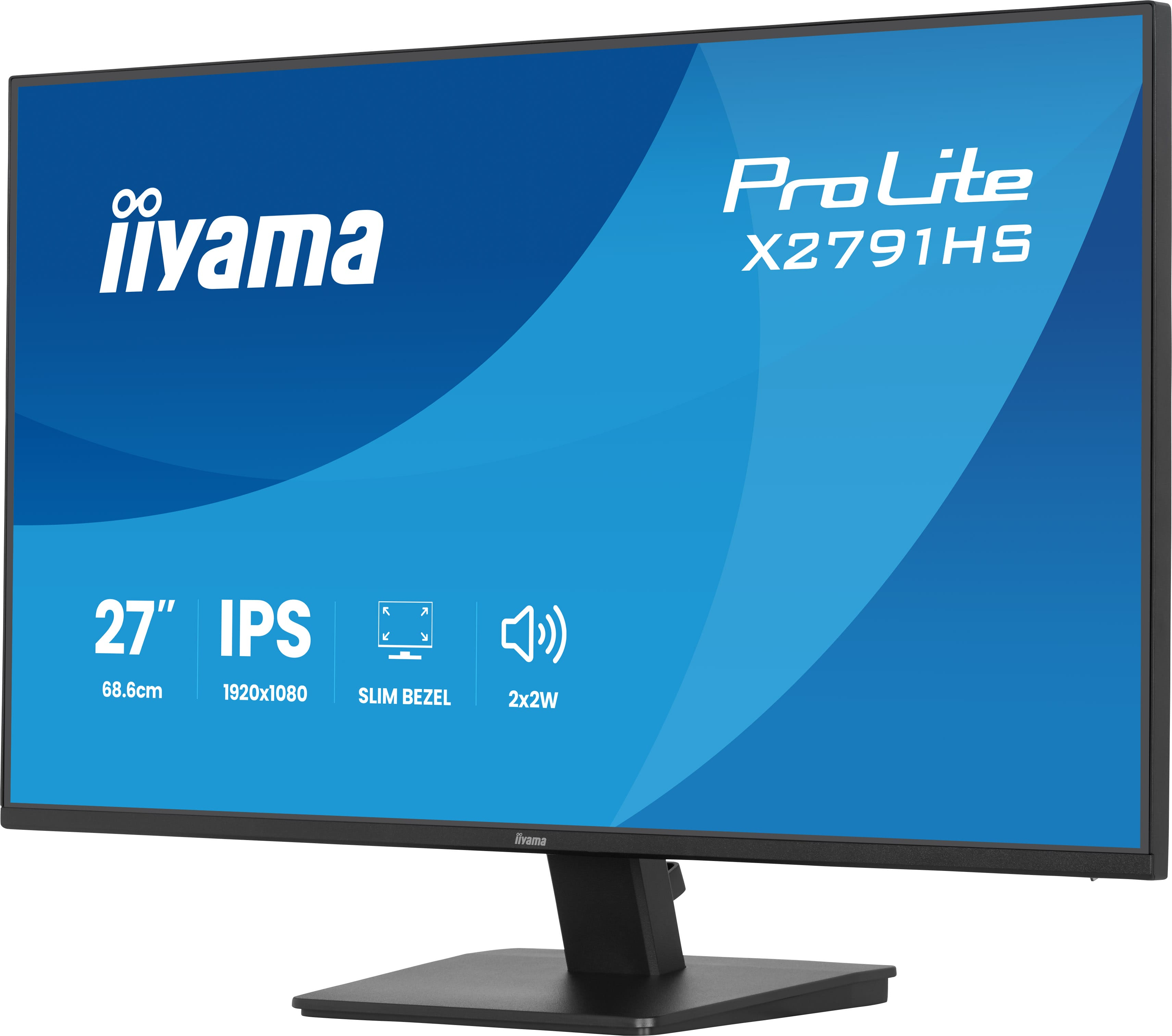 Czarny monitor iiyama ProLite wyświetlający specyfikację na niebieskim ekranie na białym tle.