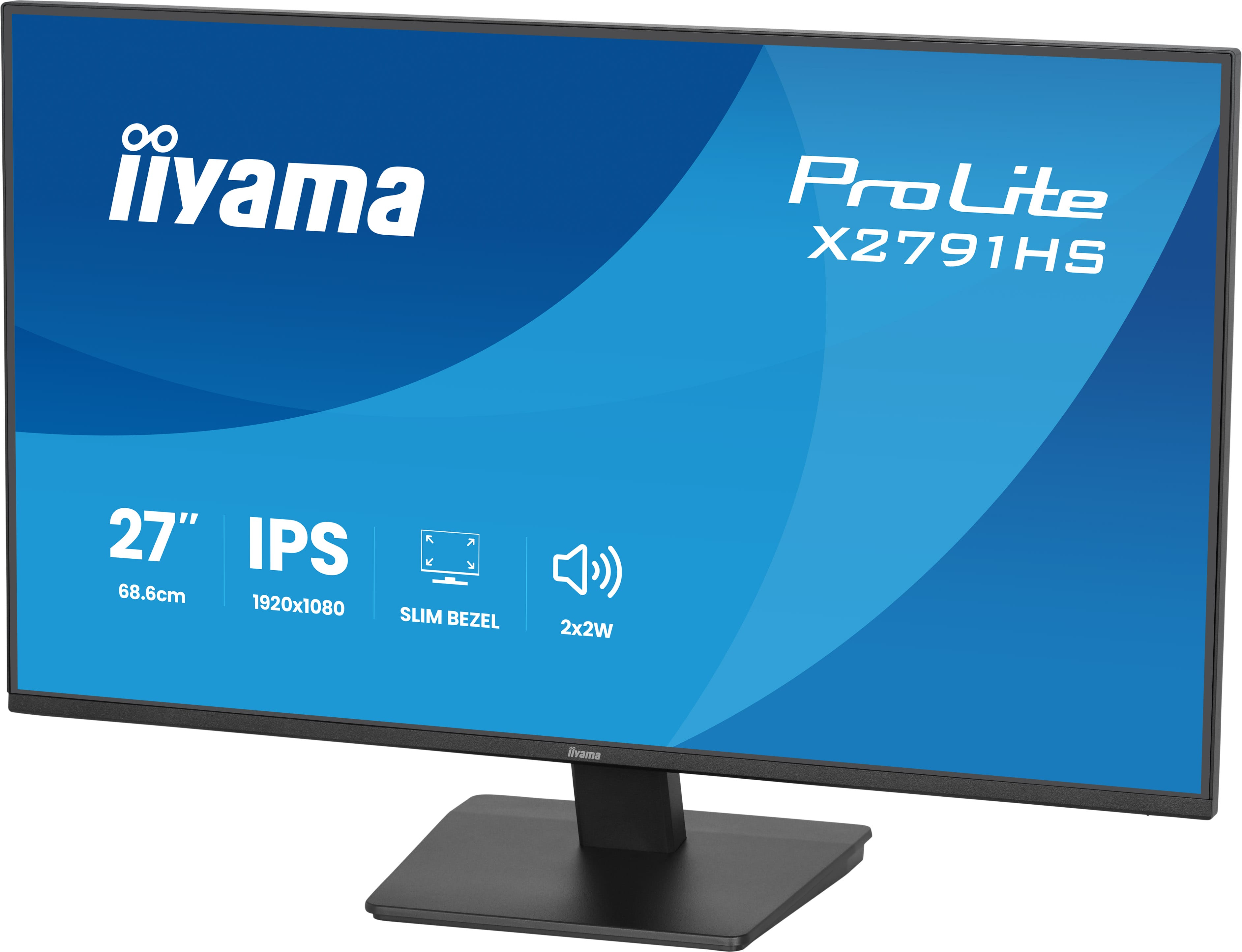 Czarny monitor iiyama ProLite X2791HS wyświetlający niebieski ekran promocyjny ze specyfikacją.
