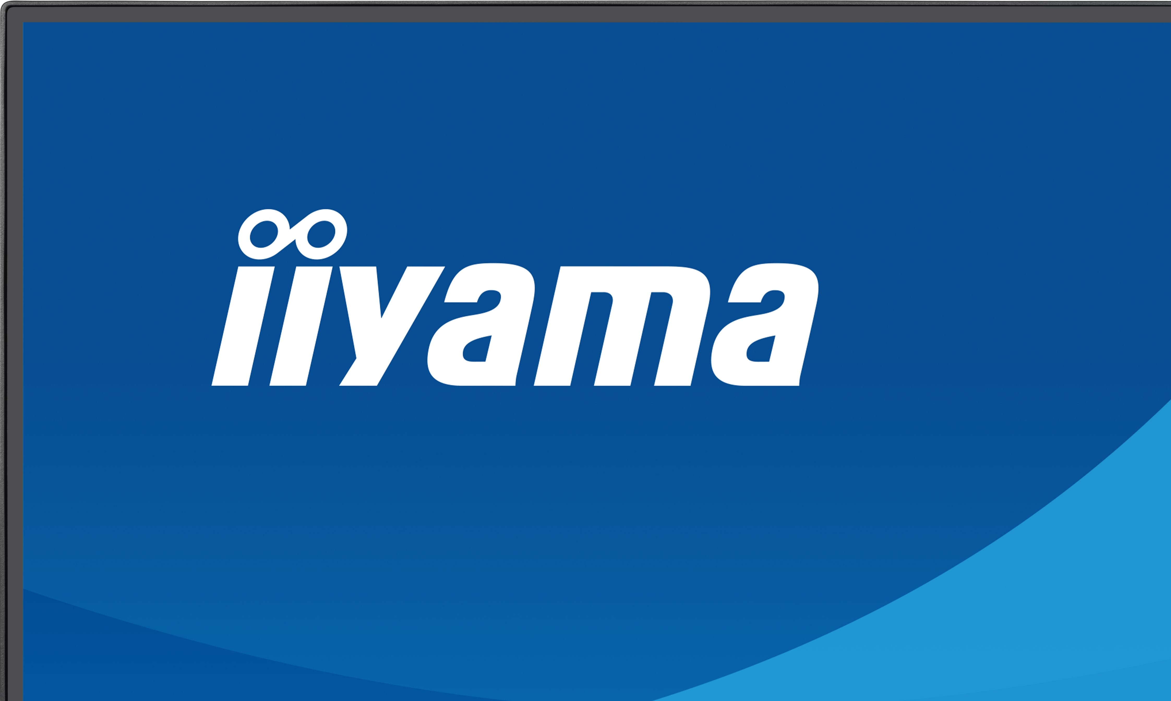 Białe logo iiyama na niebieskim ekranie.