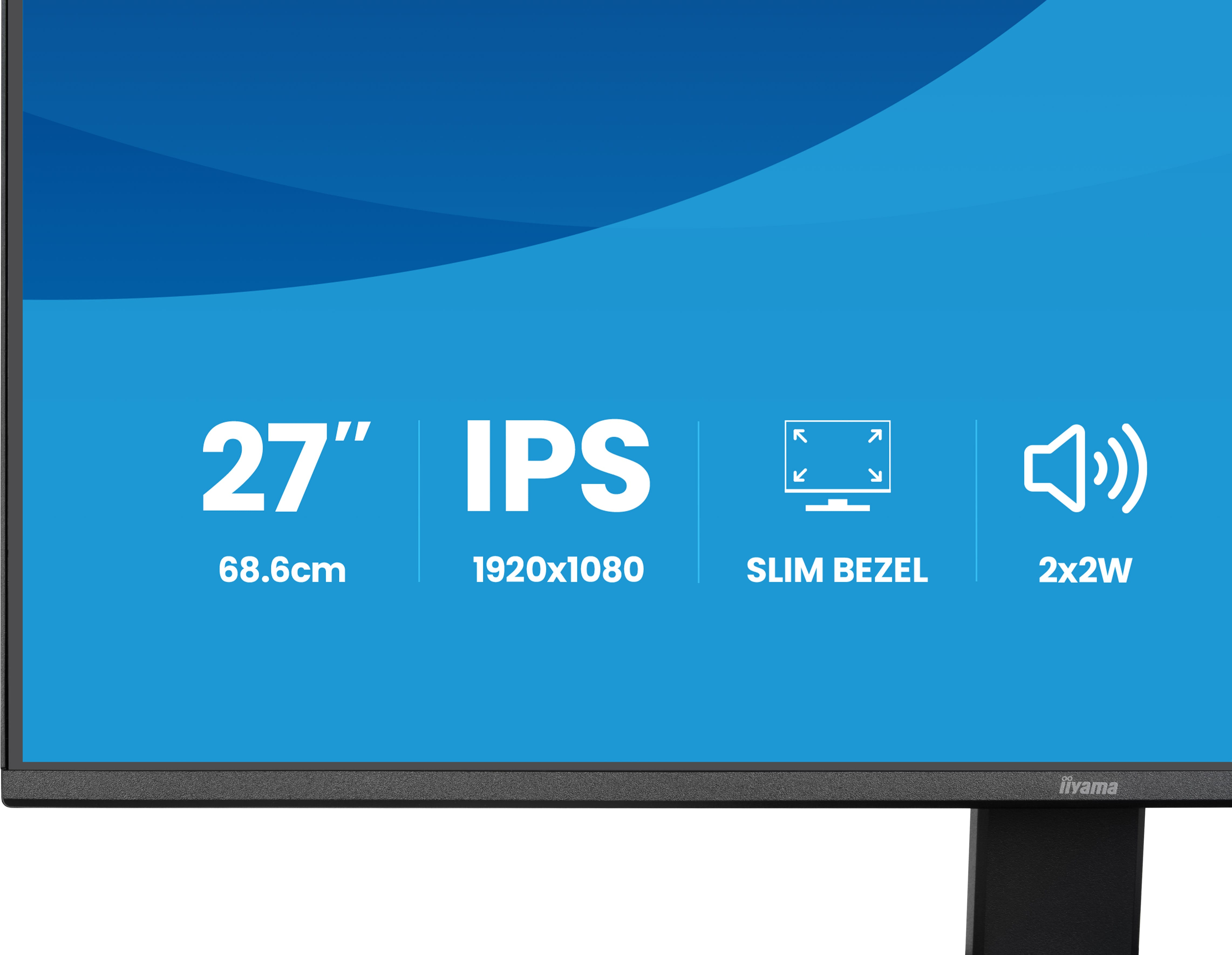 Ekran monitora z ikonami i tekstem: 27 cali, IPS, cienka ramka i głośniki 2x2W.