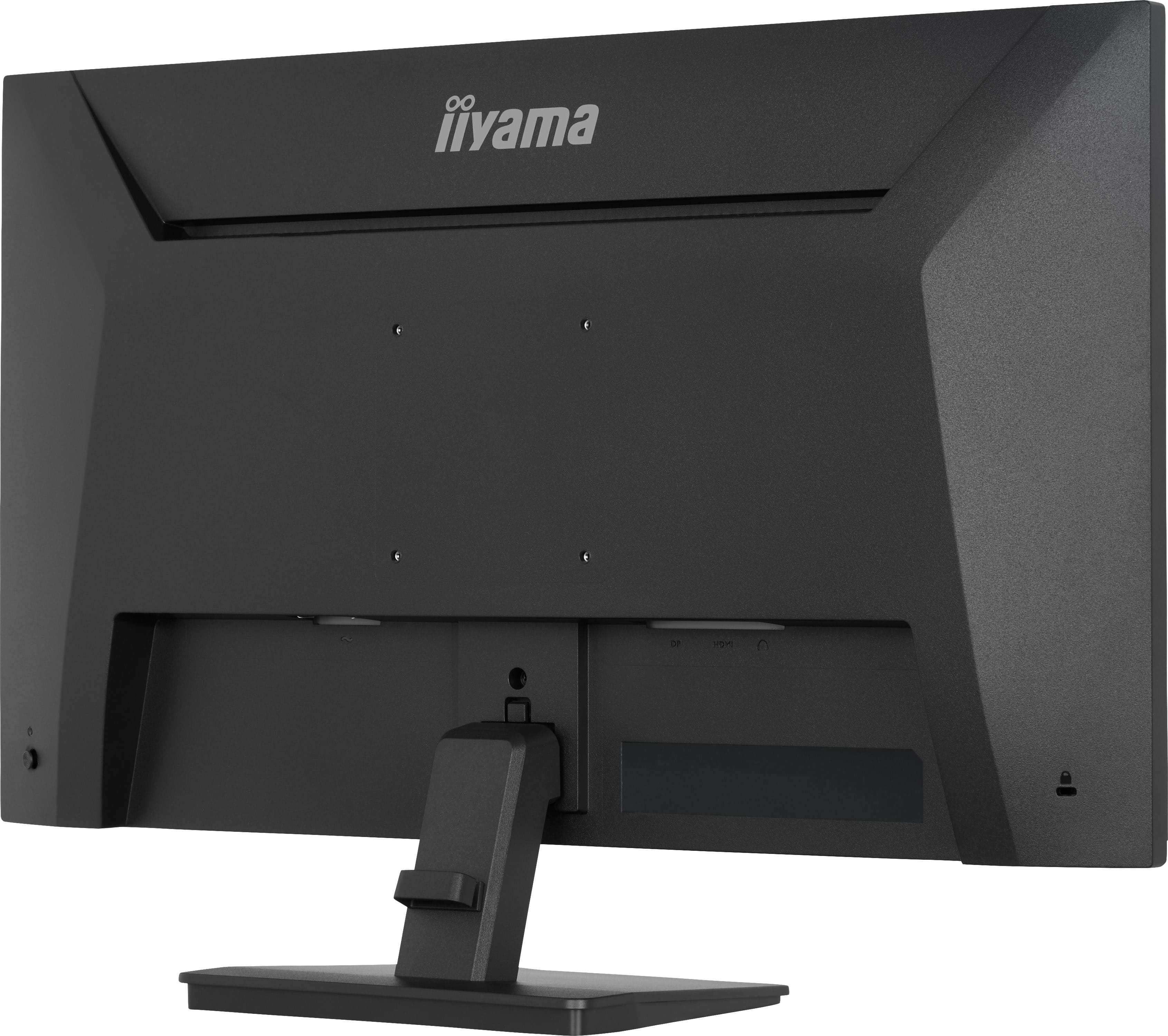 Widok z tyłu czarnego monitora komputerowego iiyama ze stojakiem.