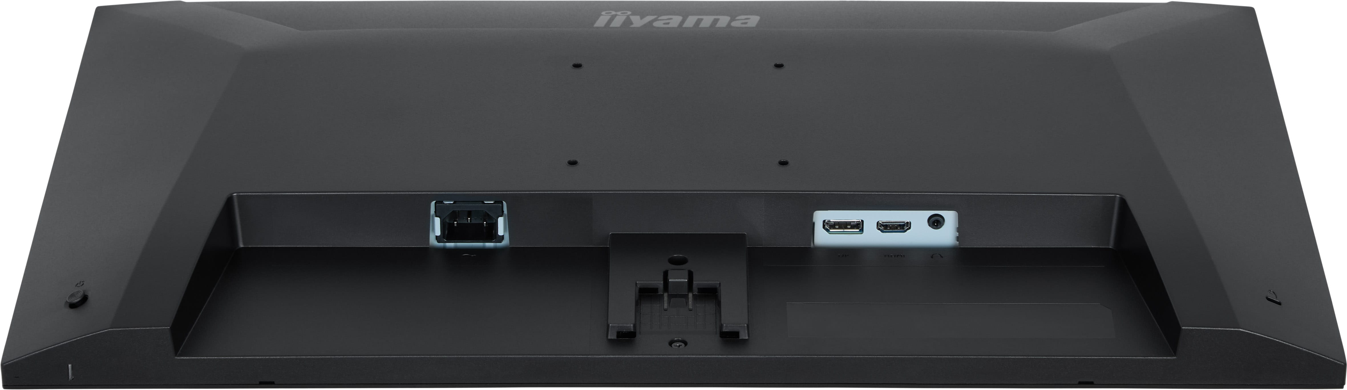 Tył czarnego monitora iiyama z portami zasilania, HDMI i DisplayPort oraz uchwYtem VESA.