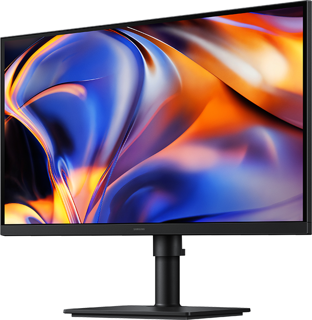 Un monitor nero con uno sfondo astratto e vibrante.