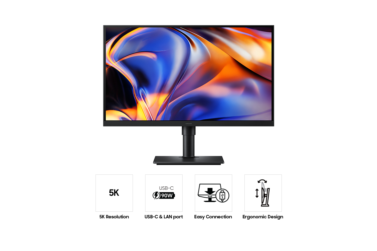 Un monitor nero con immagine astratta colorata, icone per 5K, USB-C, connessione facile e design ergonomico.