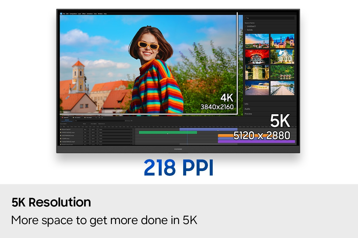 Un monitor mostra software di editing video con una ragazza e testo. Risoluzione 5K.