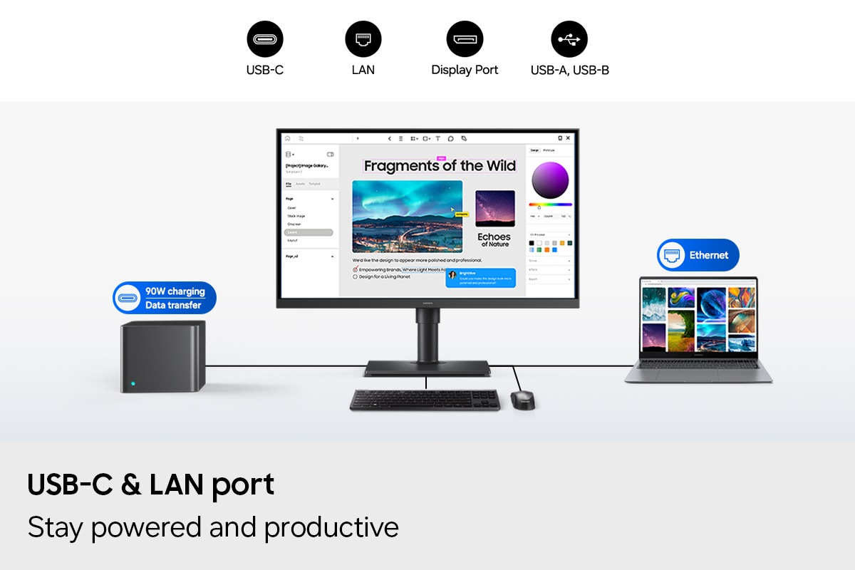Monitor, laptop e hub collegati tramite USB-C. Il testo evidenzia le porte USB-C e LAN.