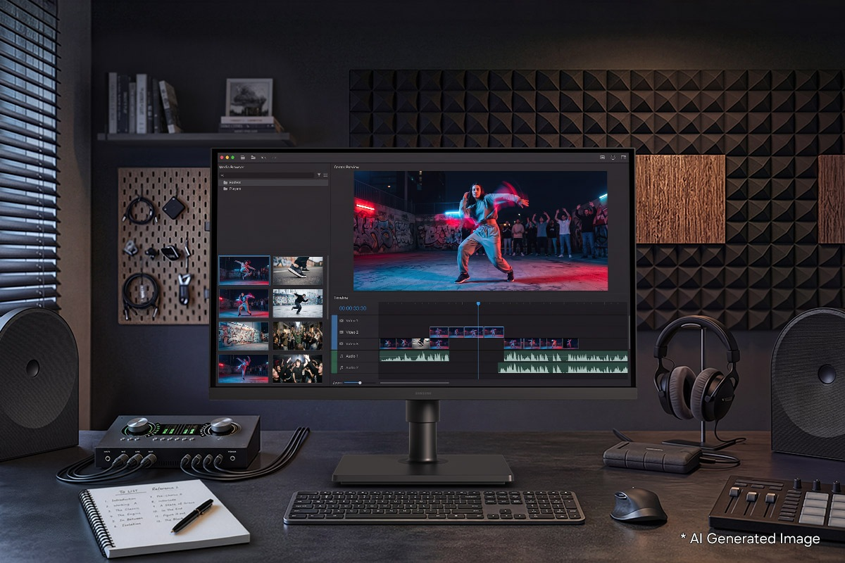 Un monitor del computer mostra un software di editing video con un ballerino sullo schermo.
