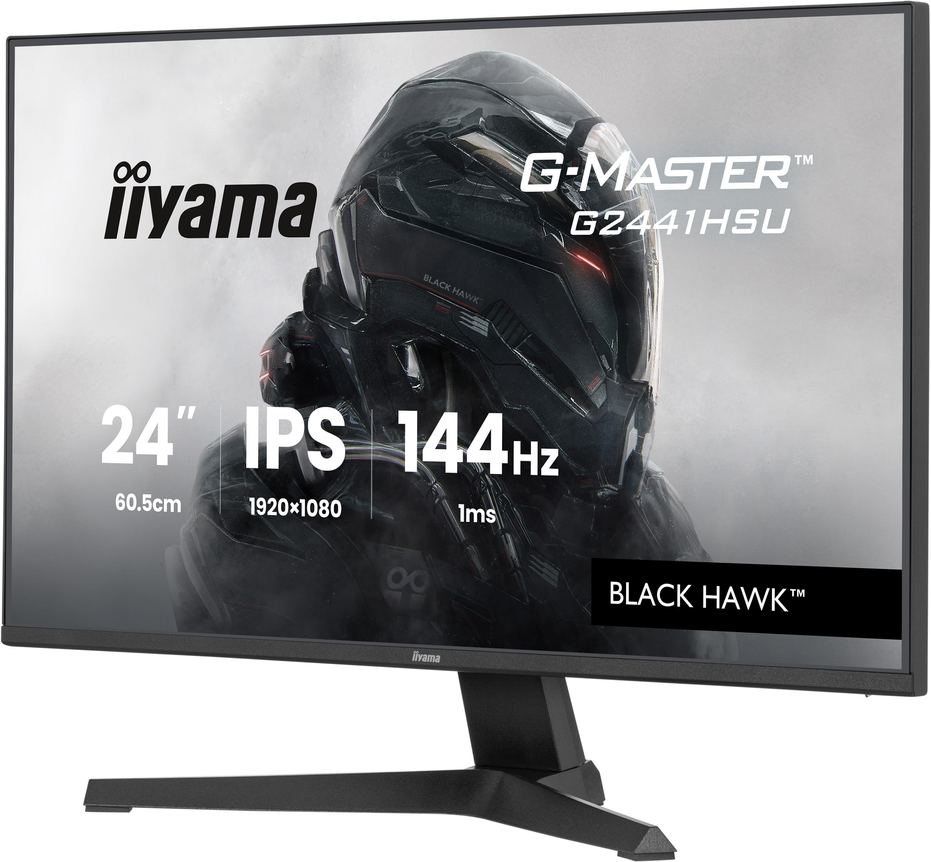24-calowy monitor gamingowy Iiyama G-Master z grafiką czarnego hełmu i specyfikacją.