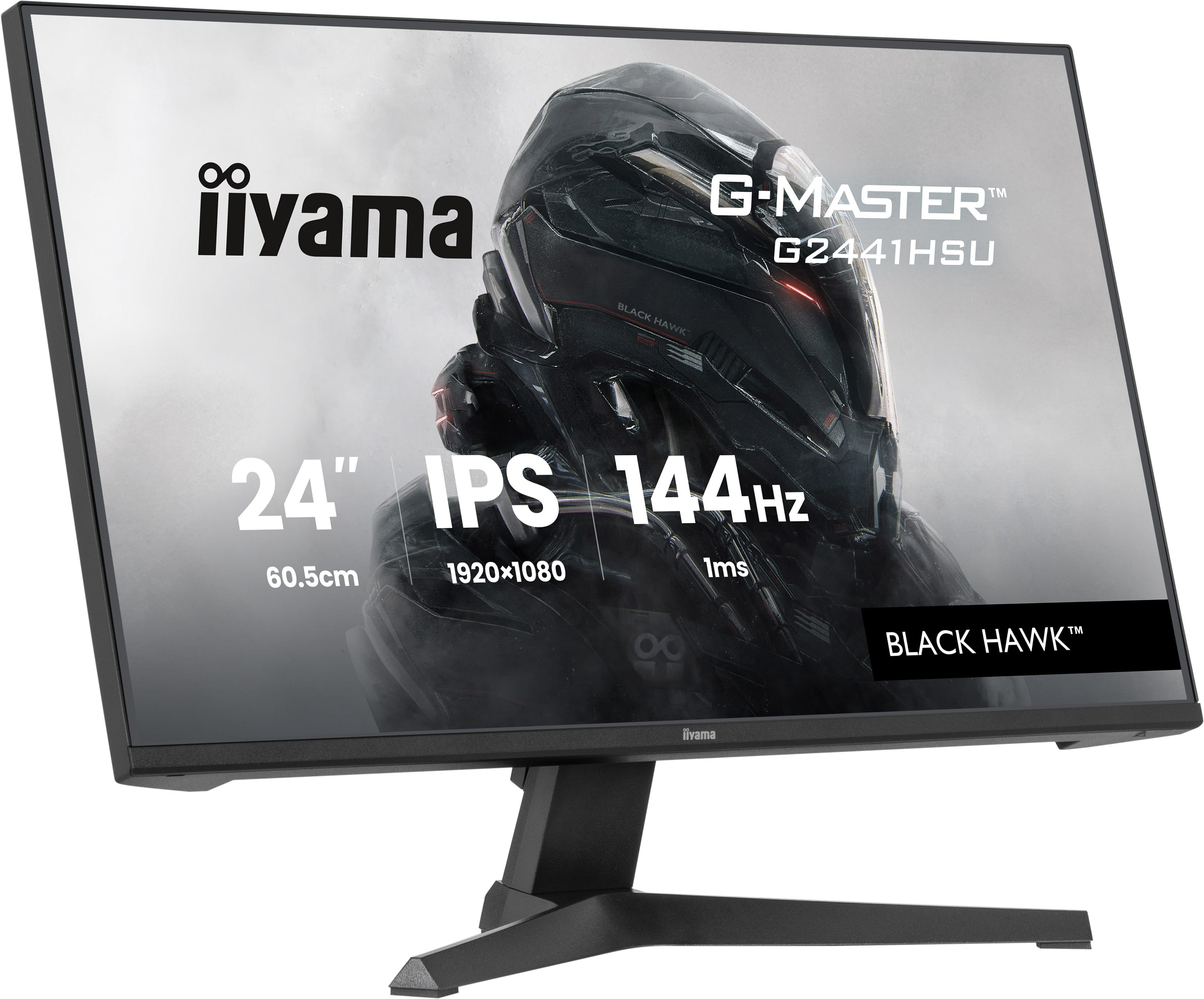 Monitor gamingowy iiyama G-Master wyświetlający specyfikację i futurystyczny ciemny hełm.