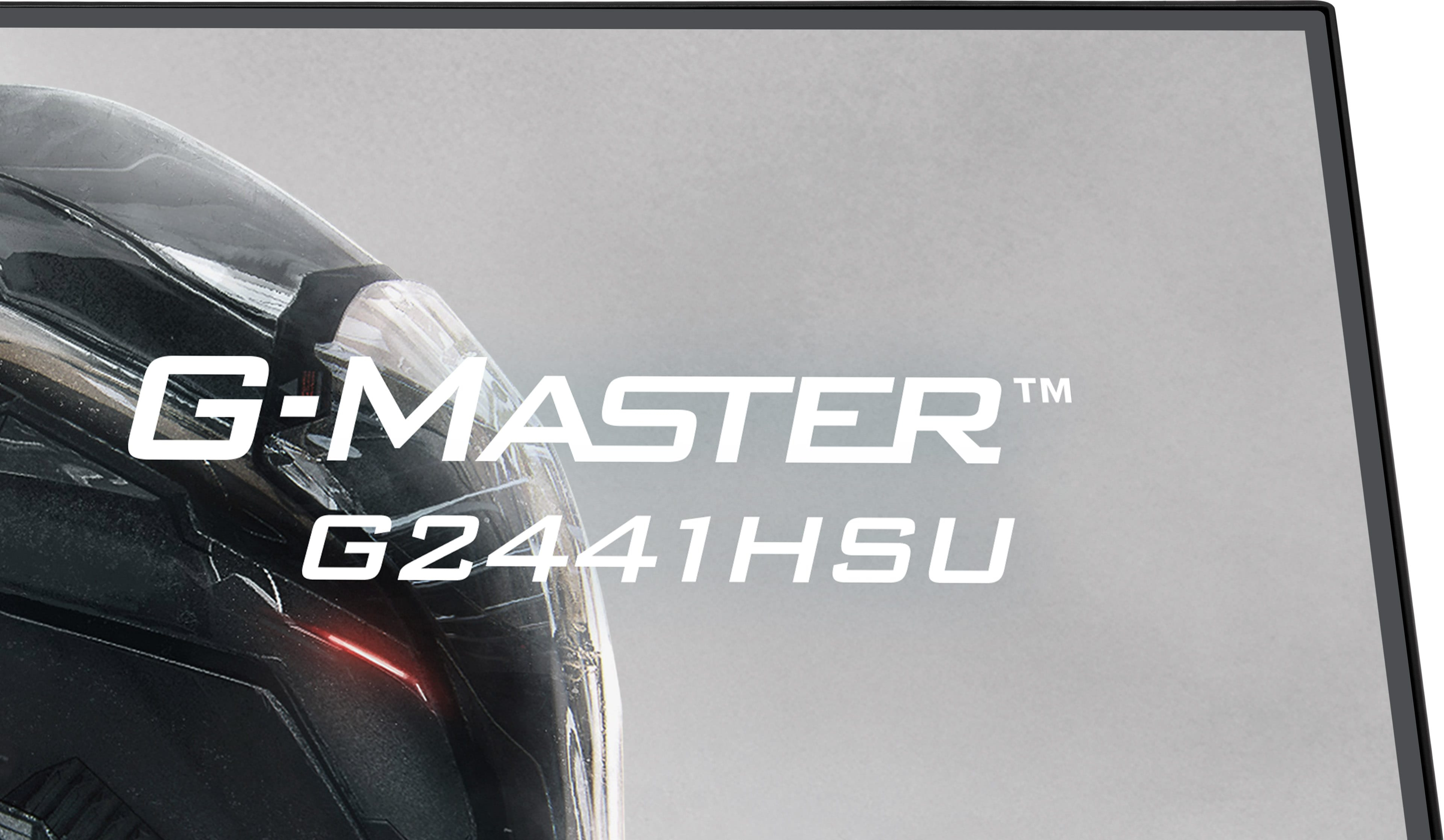 Biały tekst G-MASTER G2441HSU znajduje się na szarym ekranie z częścią monitora gamingowego.
