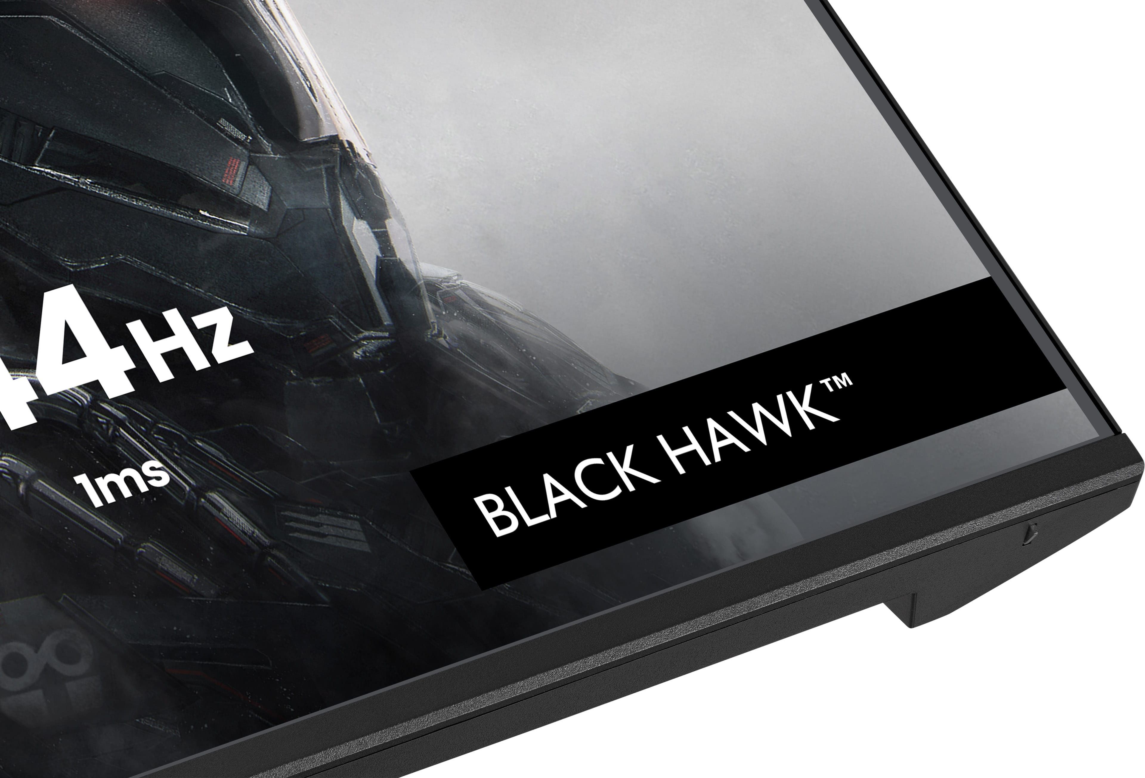 Zbliżenie na ramkę monitora dla graczy z tekstem BLACK HAWK, 144Hz i 1ms na ekranie.