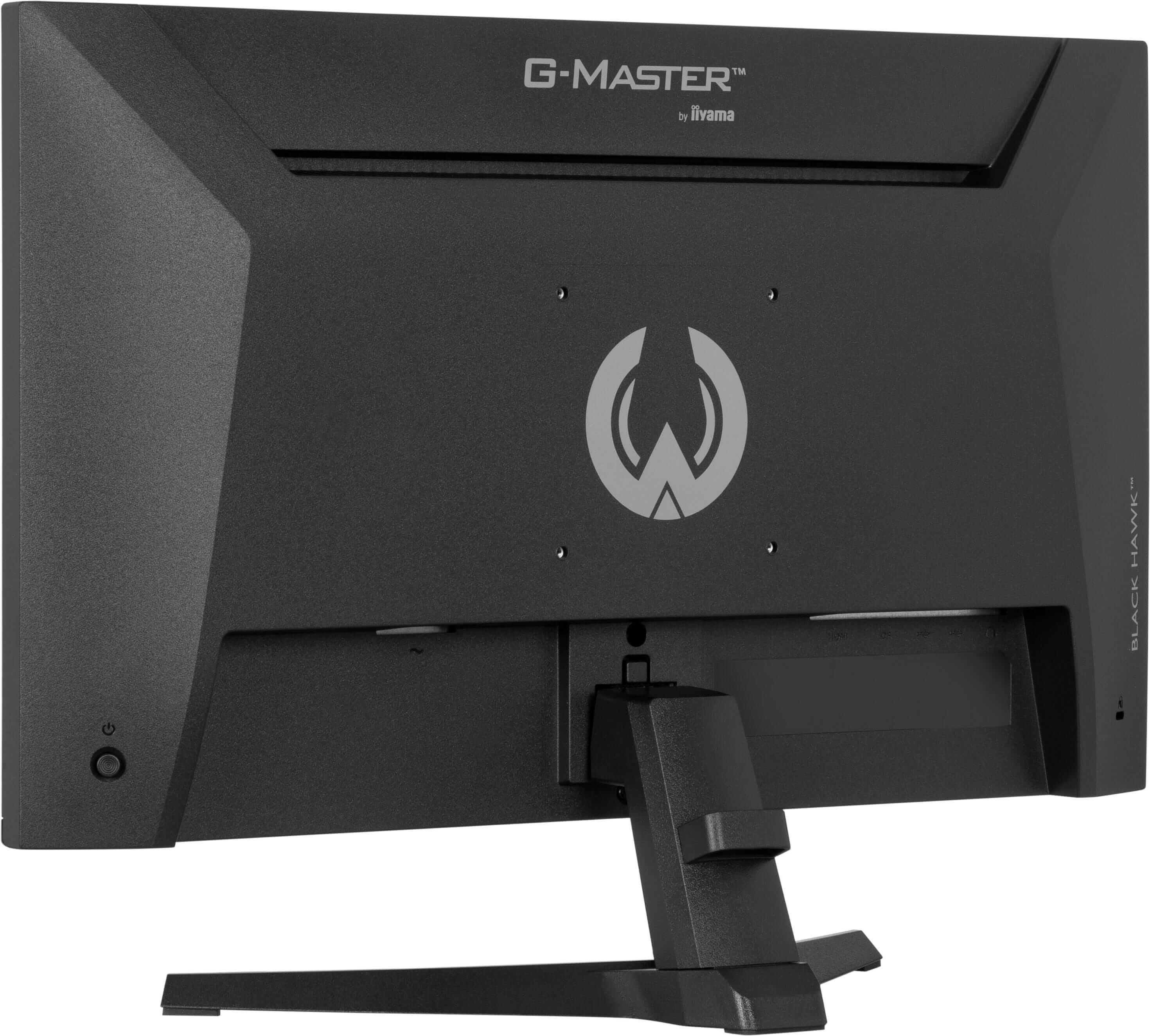Widok z tyłu czarnego monitora Iiyama G-Master, pokazujący podstawę, logo i przycisk zasilania.