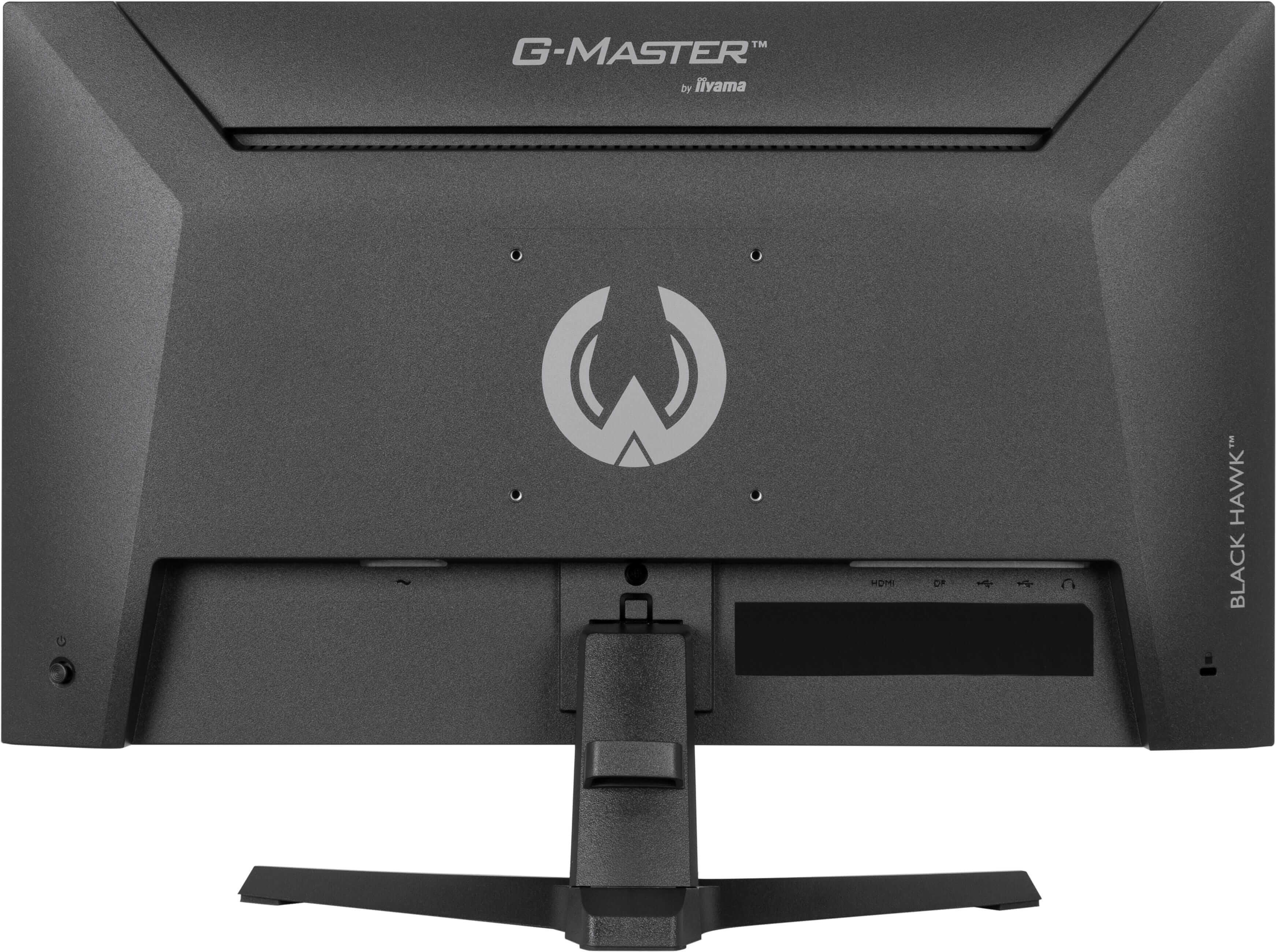 Tył czarnego monitora iiyama G-Master z logo, uchwytem VESA i portami.