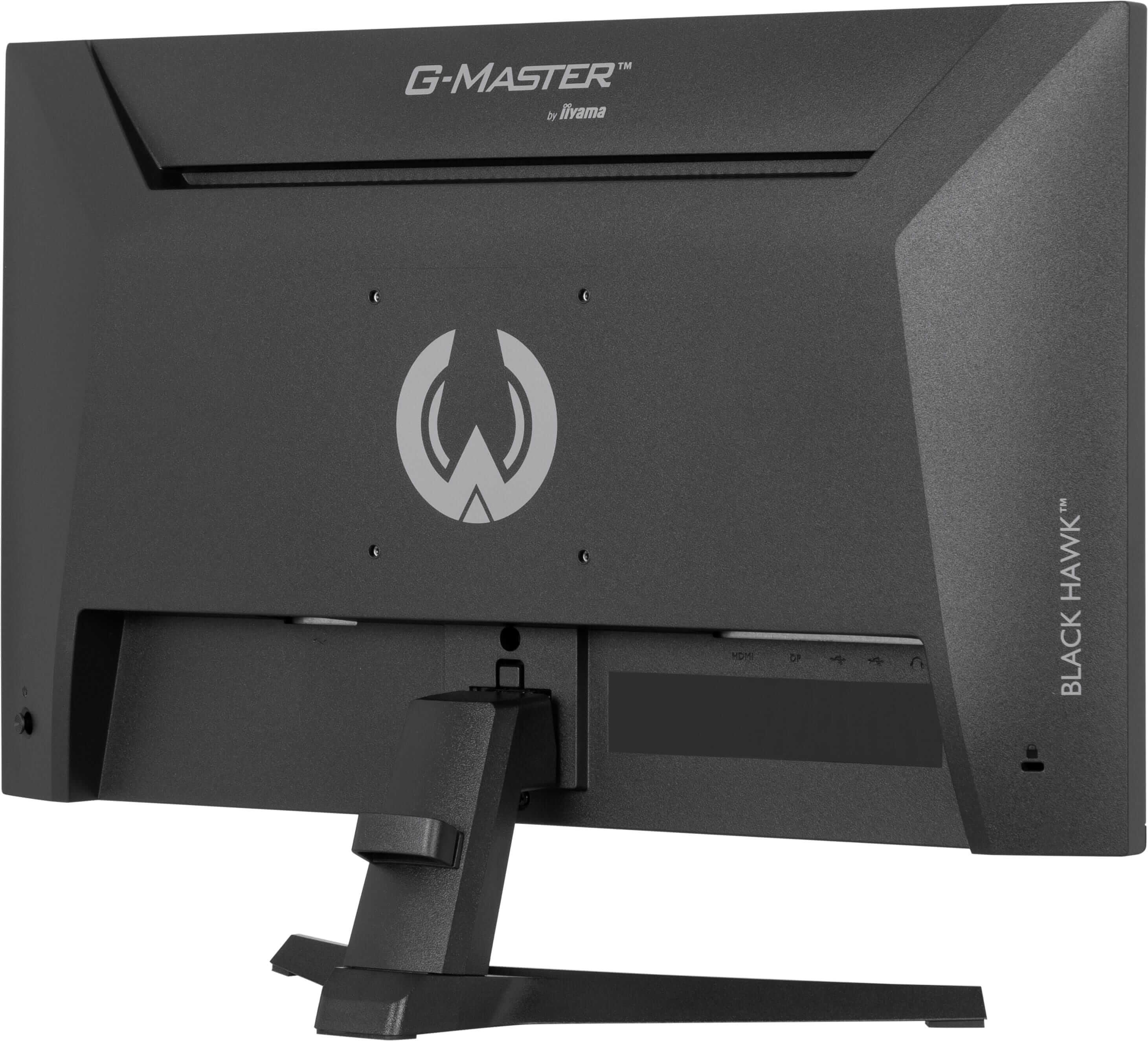 Widok z tyłu czarnego monitora Iiyama G-Master Black Hawk z podstawą na białym tle.