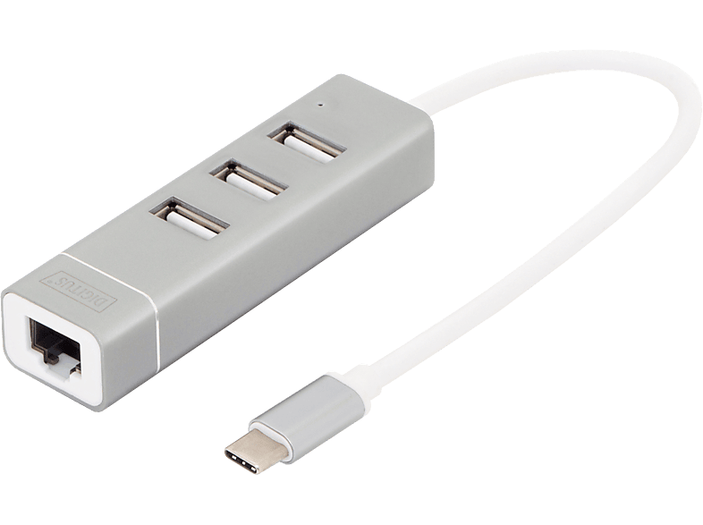 DIGITUS USB Typ-C 3-Port Hub + Fast Ethernet LAN-Adapter, Aluminiumgehäuse, USB 2.0, Silber; USB-Hub