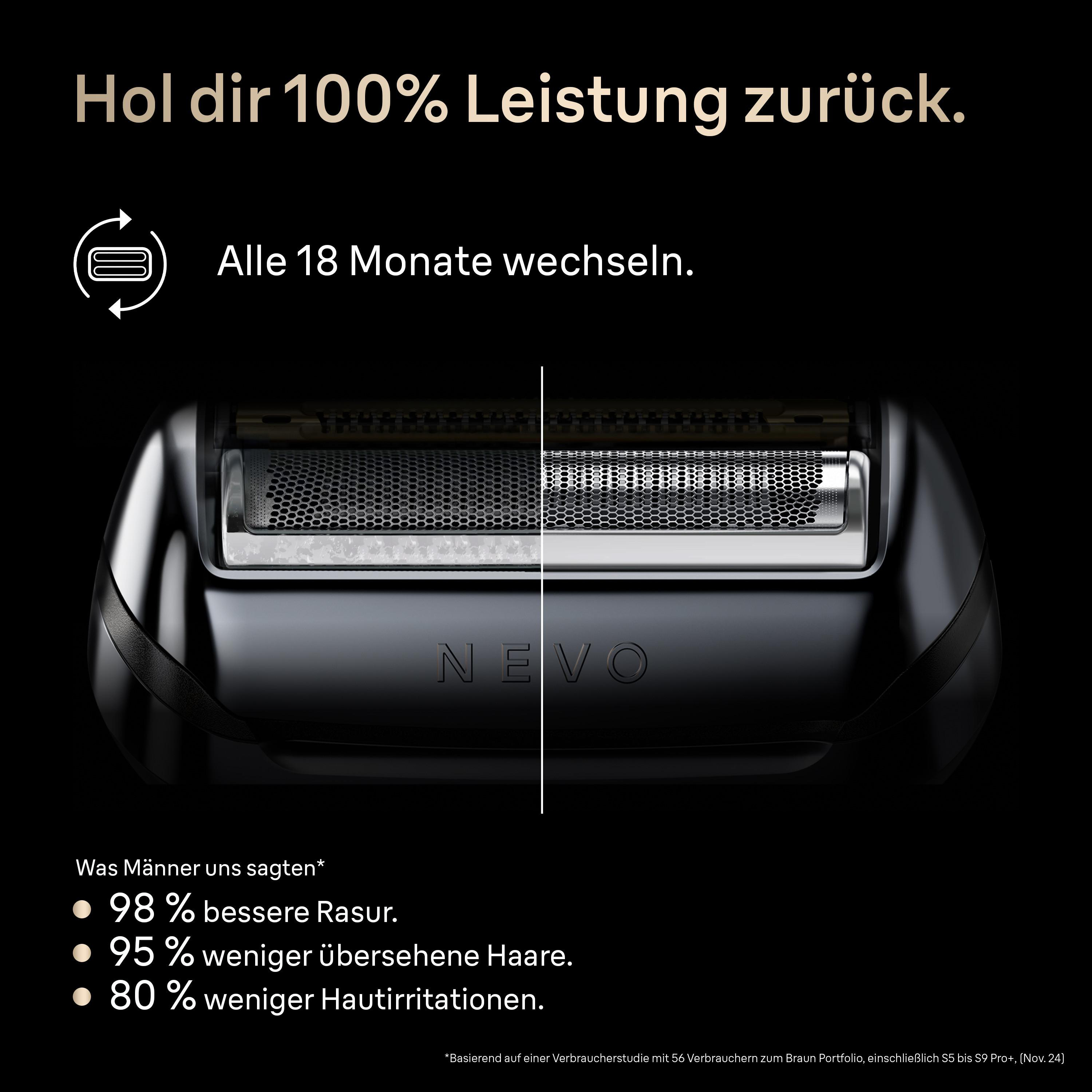 Ein schwarzer Rasierer mit dem Text "Hol dir 100% Leistung zurück."