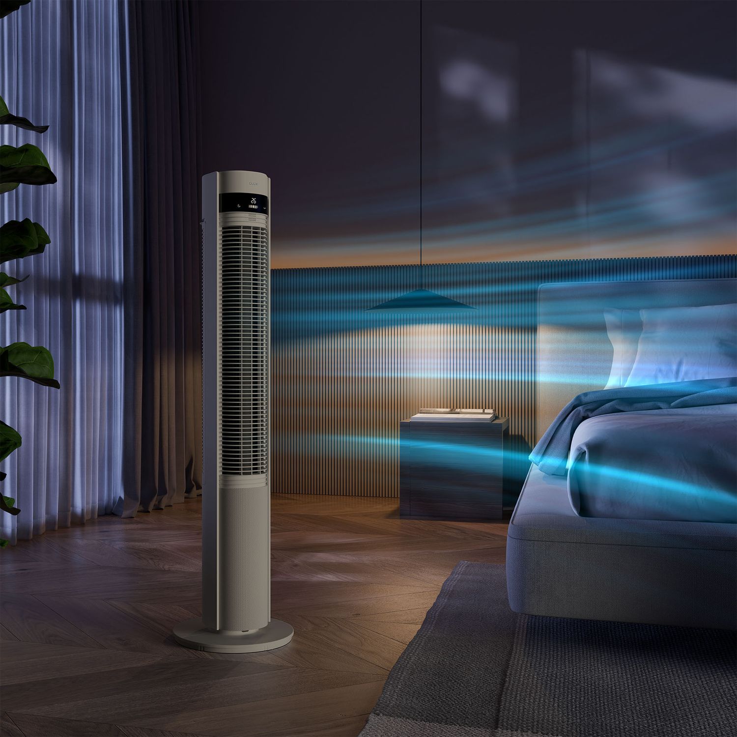 Een slanke torenventilator in een slaapkamer, die koele lucht uitstraalt.