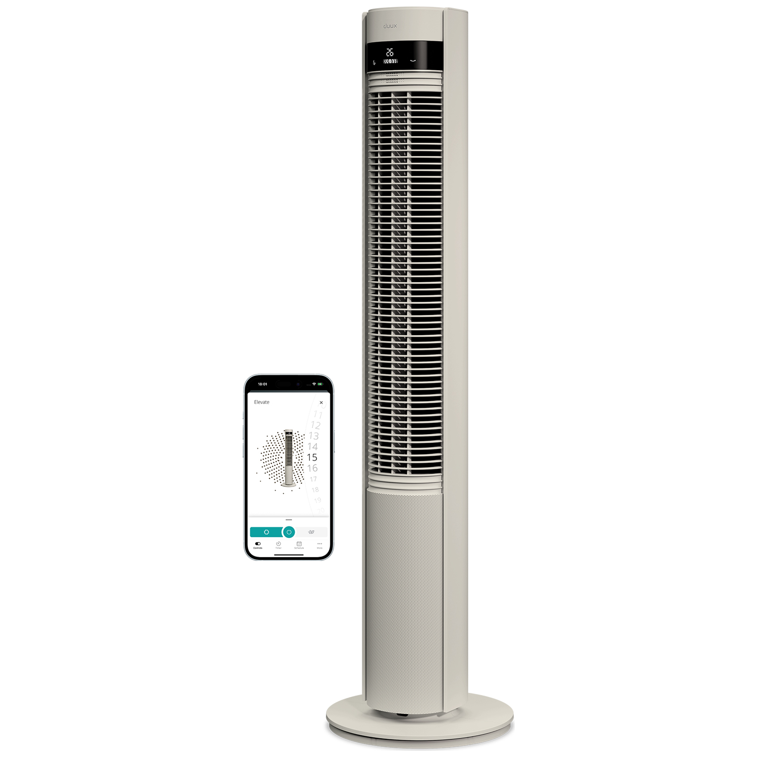 Een slanke, witte torenventilator met touchscreen en smartphone-app.