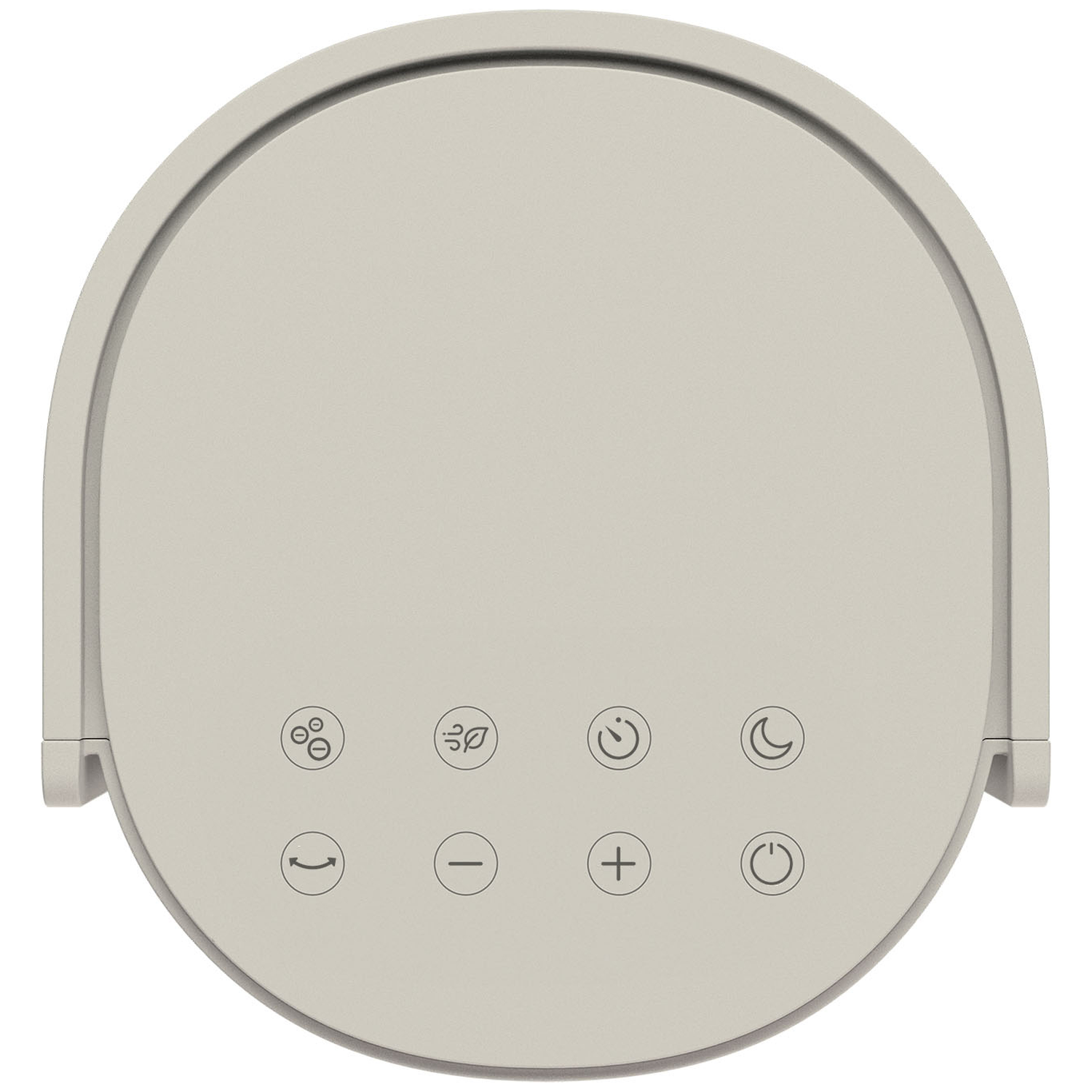 Grijs bedieningspaneel met iconen voor ventilator, blad, timer, maan, pijl, min, plus, aan/uit.