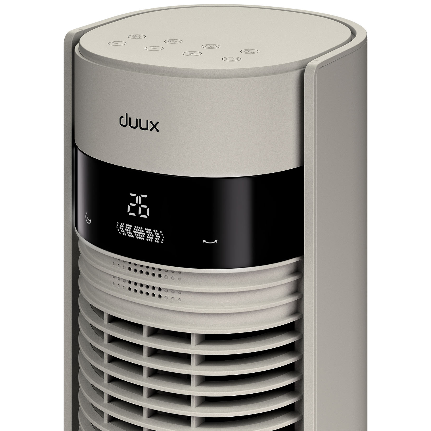 Een grijze torenventilator met zwart display en bedieningsknoppen.