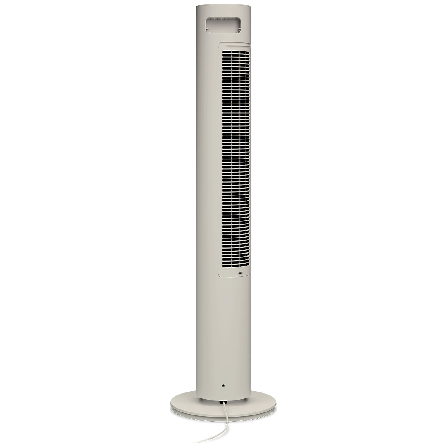Een slanke, beige torenventilator met een ronde voet en een wit snoer.
