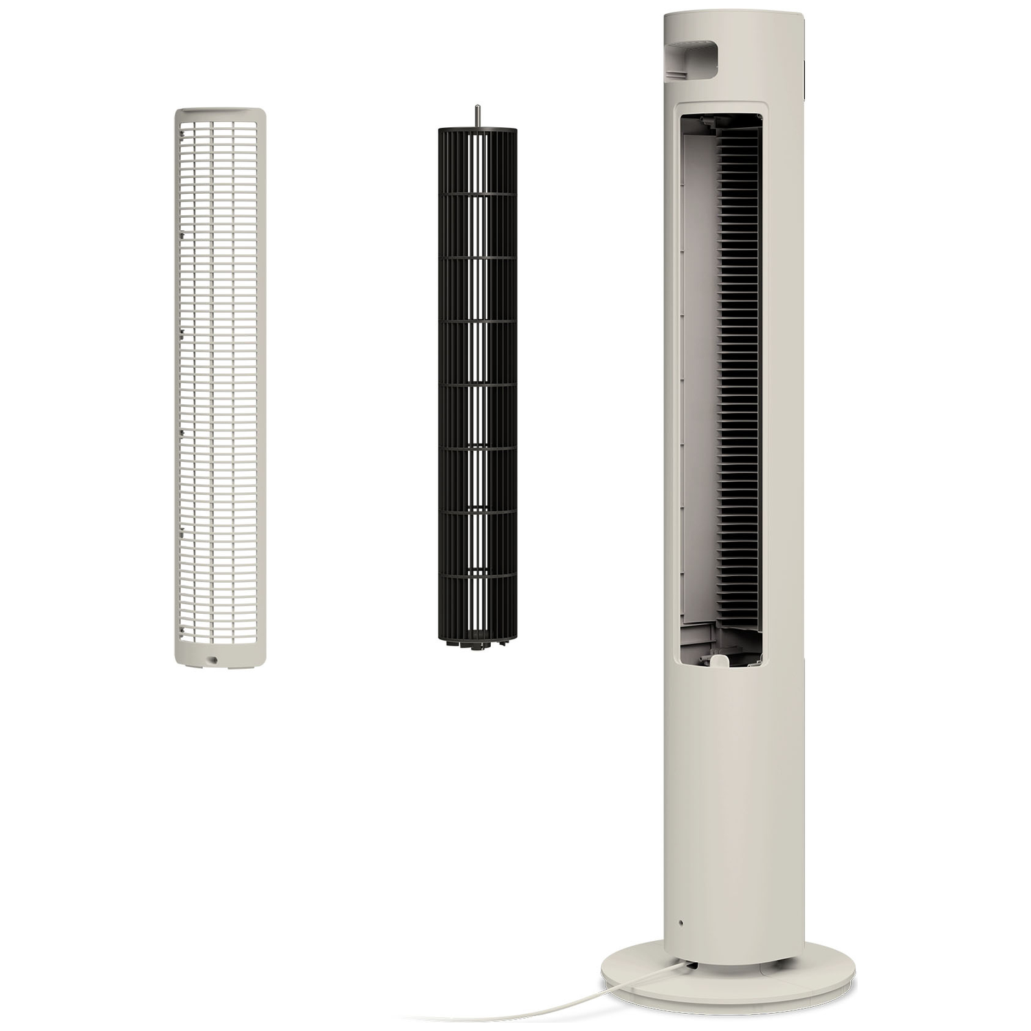Een beige torenventilator met afneembaar voorrooster en zwarte rotor op witte achtergrond.