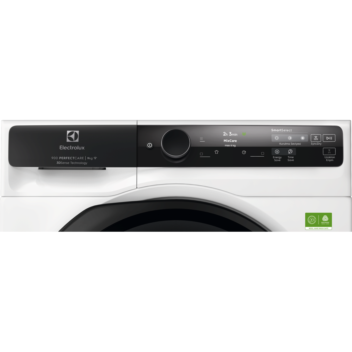 Siyah kontrol panelli ve dijital ekranlı beyaz bir Electrolux kurutma makinesi.