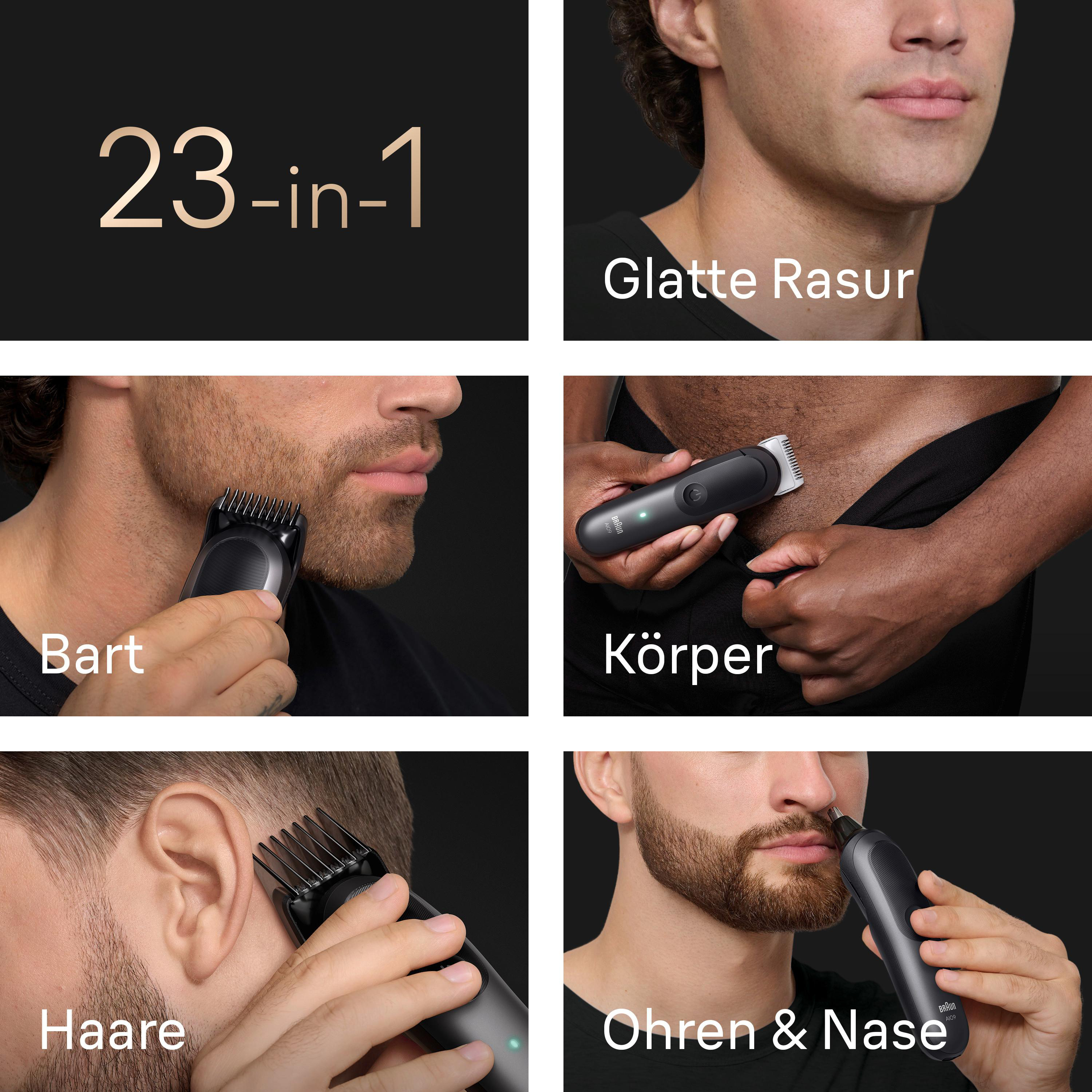 Ein Trimmer wird für Bart, Körper, Haare, Ohren & Nase verwendet.