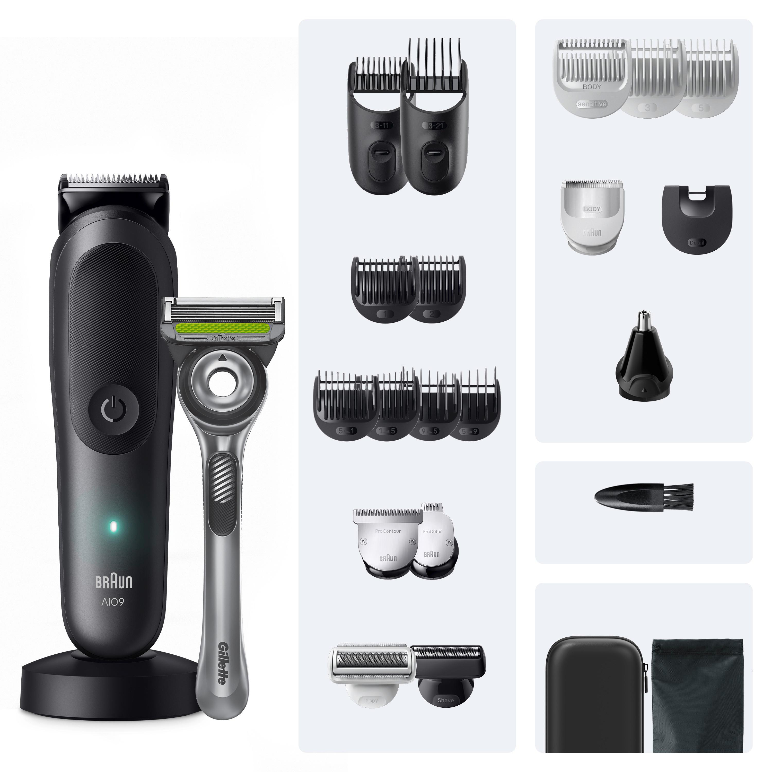 Ein schwarzer Braun Trimmer mit Lade-/Aufbewahrungsstation und einem Gillette Rasierer.