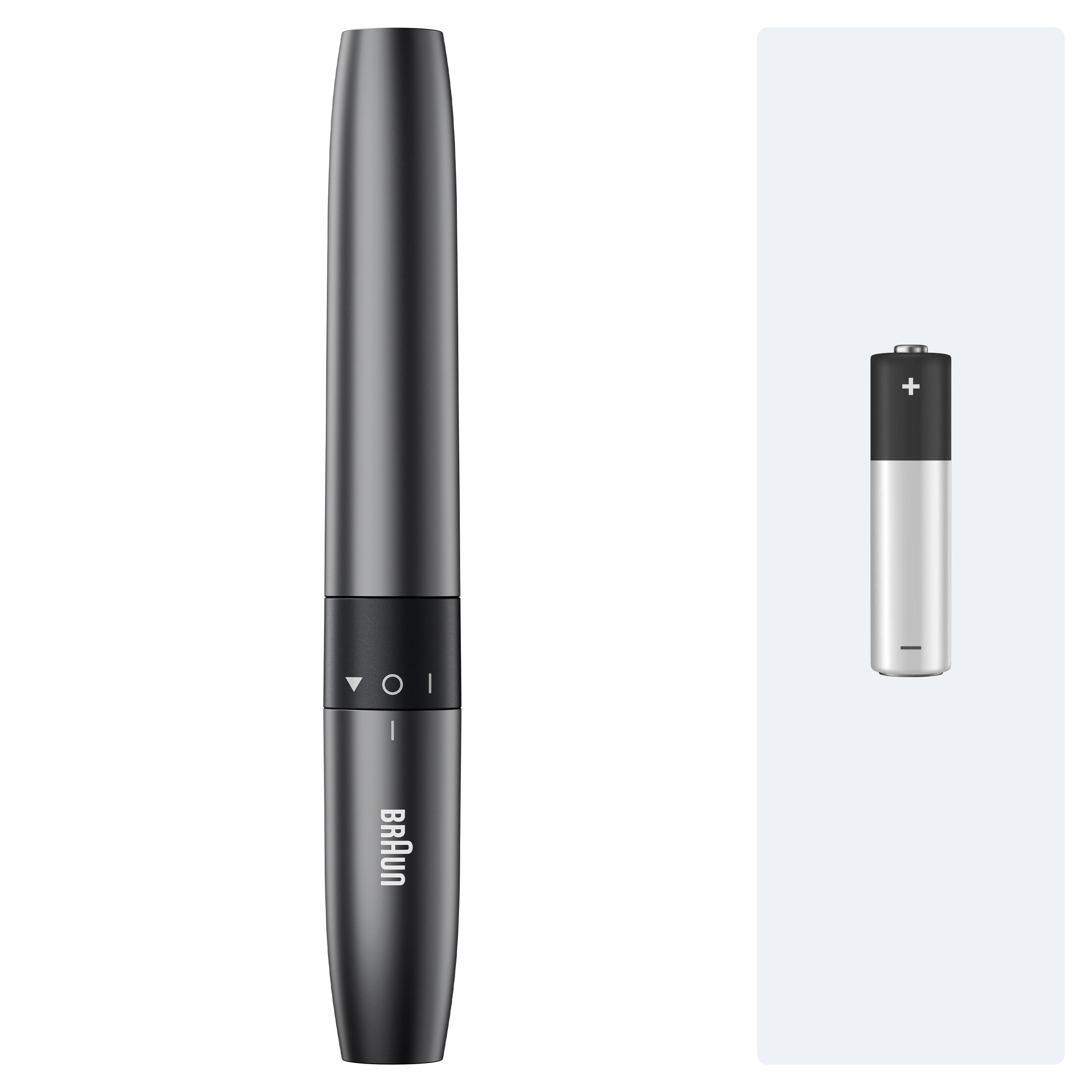 Dunkler Rasierer mit Braun-Logo und silberner AA-Batterie daneben.