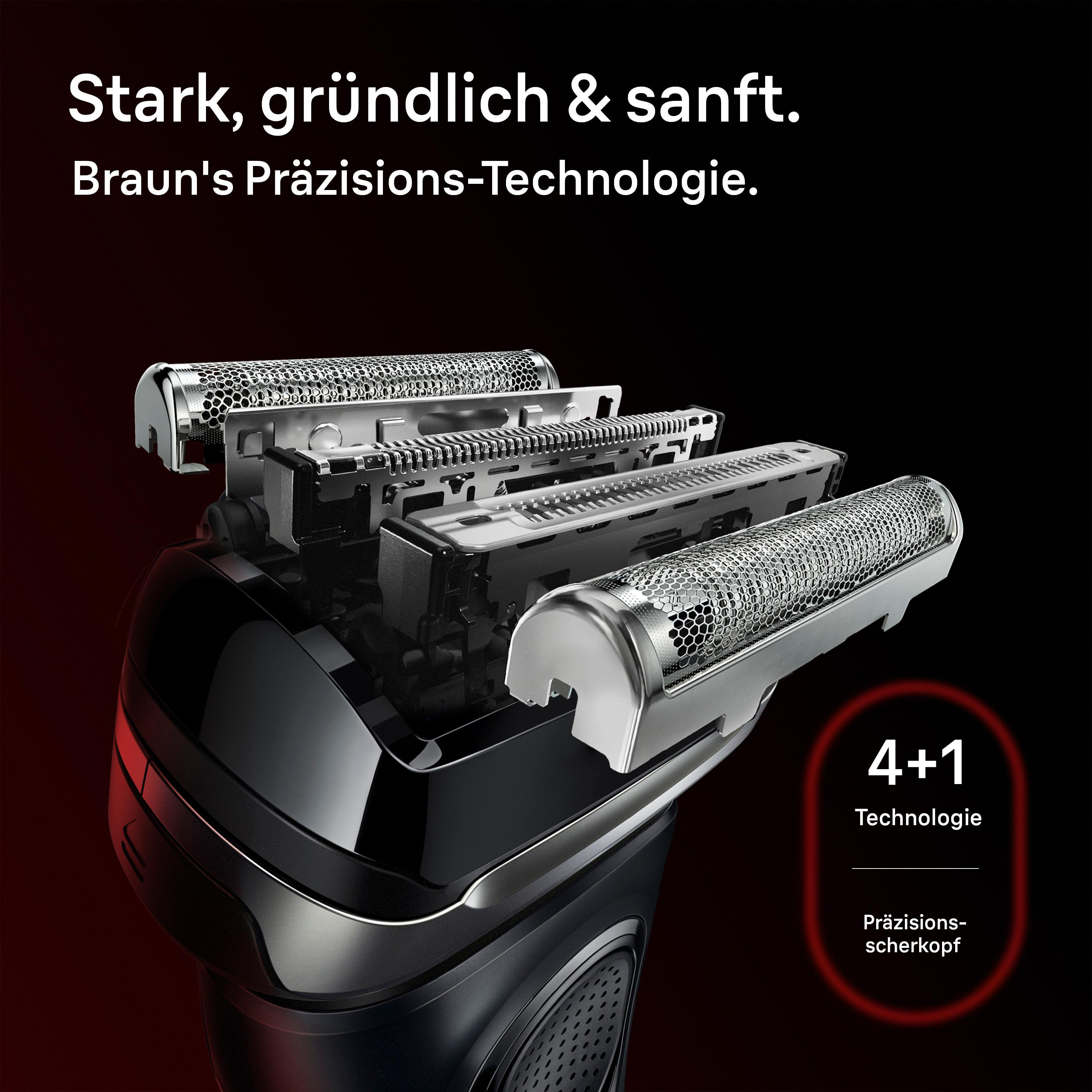 Ein elektrischer Rasierer mit Metallaufsätzen und der Aufschrift „4+1 Technologie“.