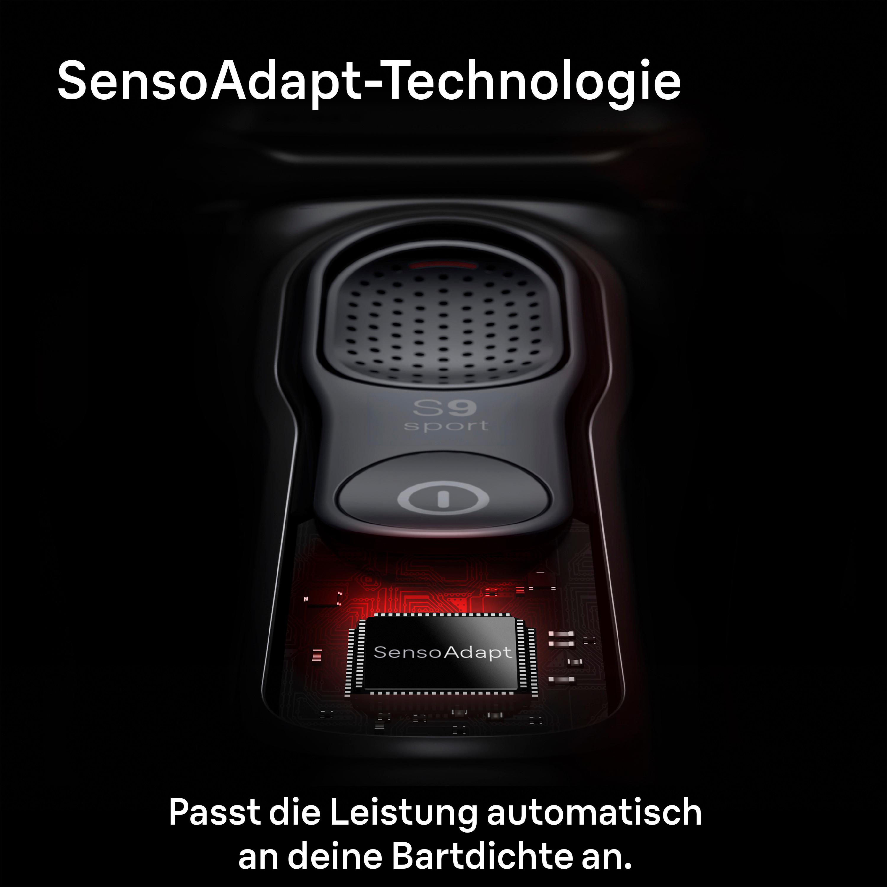 Nahaufnahme eines schwarzen Rasierers mit "SensoAdapt"-Technologie.